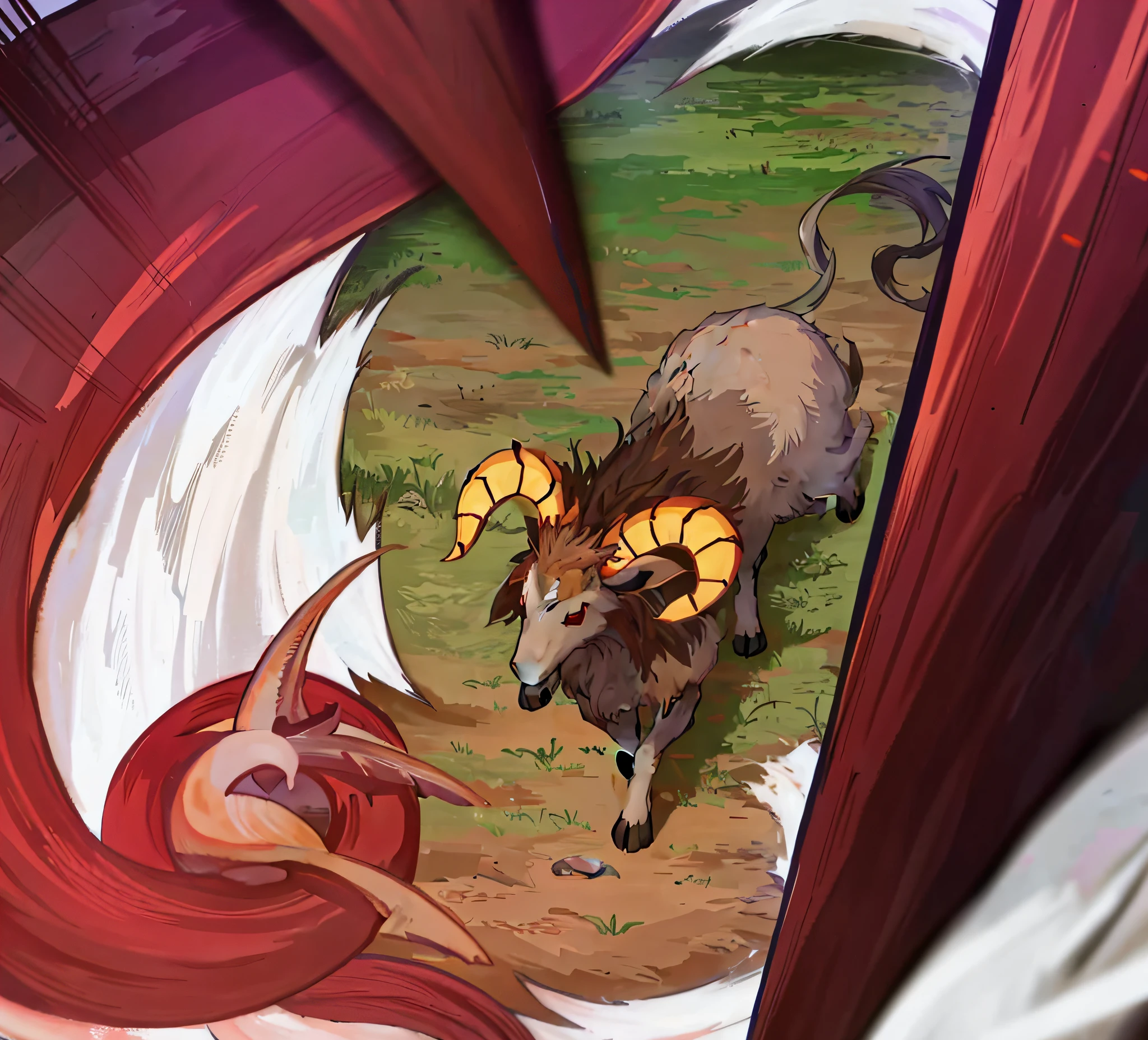 anime scene of a goat and a woman in a field, melting into vulpix, nine tails, fan art, background aerial battle, fearow, aries fiery ram tarot, full color illustration, intense battle, from cryptid academia, conceptual mystery pokemon, giygas, official art, red horns, by Shingei, vyverns, badass composition