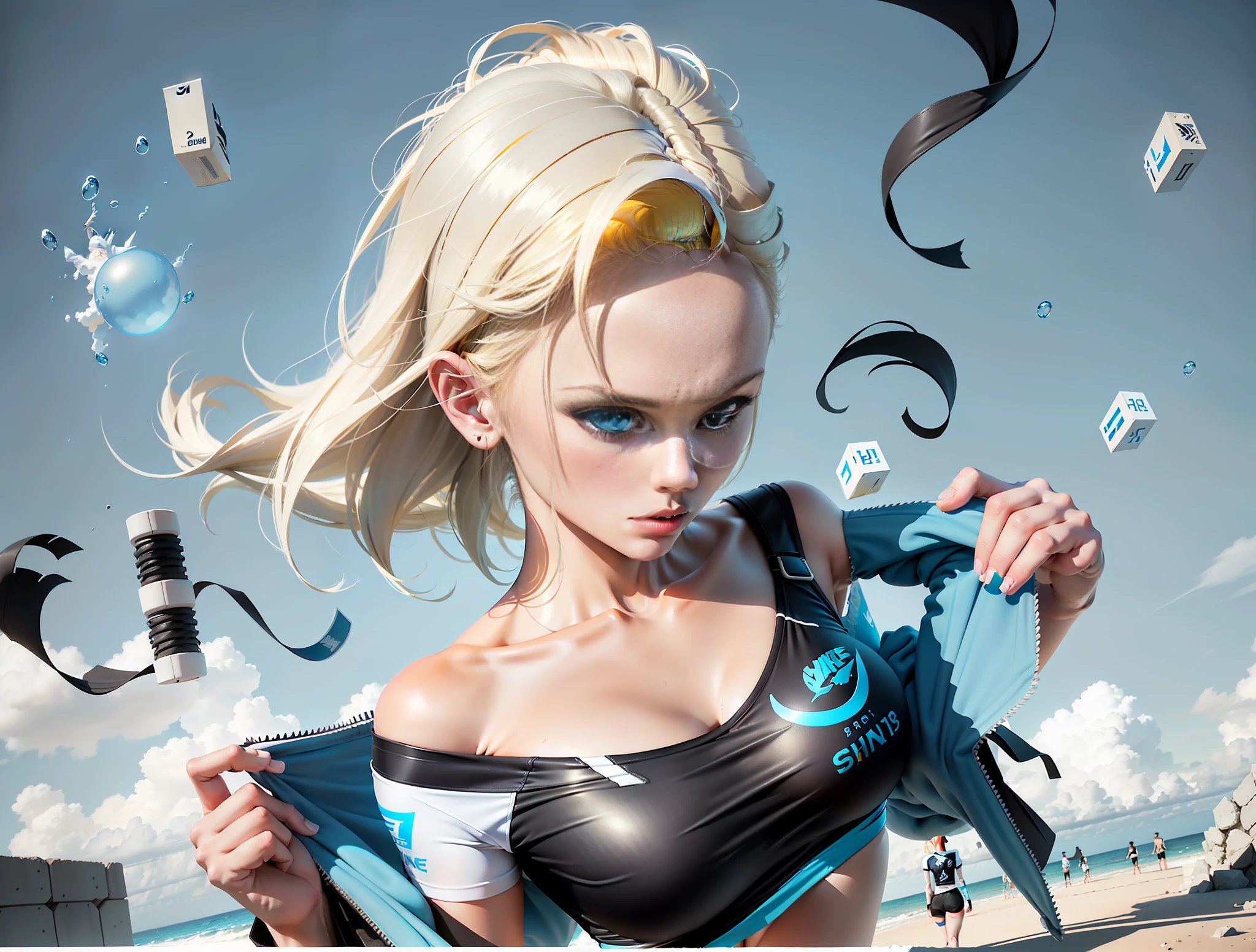 A stylish single summer sports T-hug design full of bubbles fluffy feeling, 1 sexy girl, real yellow short hair, real blonde beauty, blue eyes, super delicate eyes, eye detail depiction, detailed hair, real yellow hair, gaze looking at the audience, grim expression, blue coat, black underwear with the number 18 printed on the chest, big breasts, black tight underwear, super good figure, tearing blue coat action, real people, realistic, super real style, live action with real people, real person photography, clear light and shadow, Dusk Light, Real Ruins Background, Cyberpunk ((White Ocean Blue: 1.3) + (Fashion: 1.1) + (Trendy: 1.2)), (Nike Logo), (Corona Rendering), ((Summer Sports T-Frame Concept + Concept Art Design): 1.3), (8K: 1.3), (2:3 Aspect Ratio + Warm Q2), (750 pixels), ((Fashion Elements) :(1.1 + White Ocean Blue T-shirt Blends with Fashion Elements)), (Dynamics: 5)