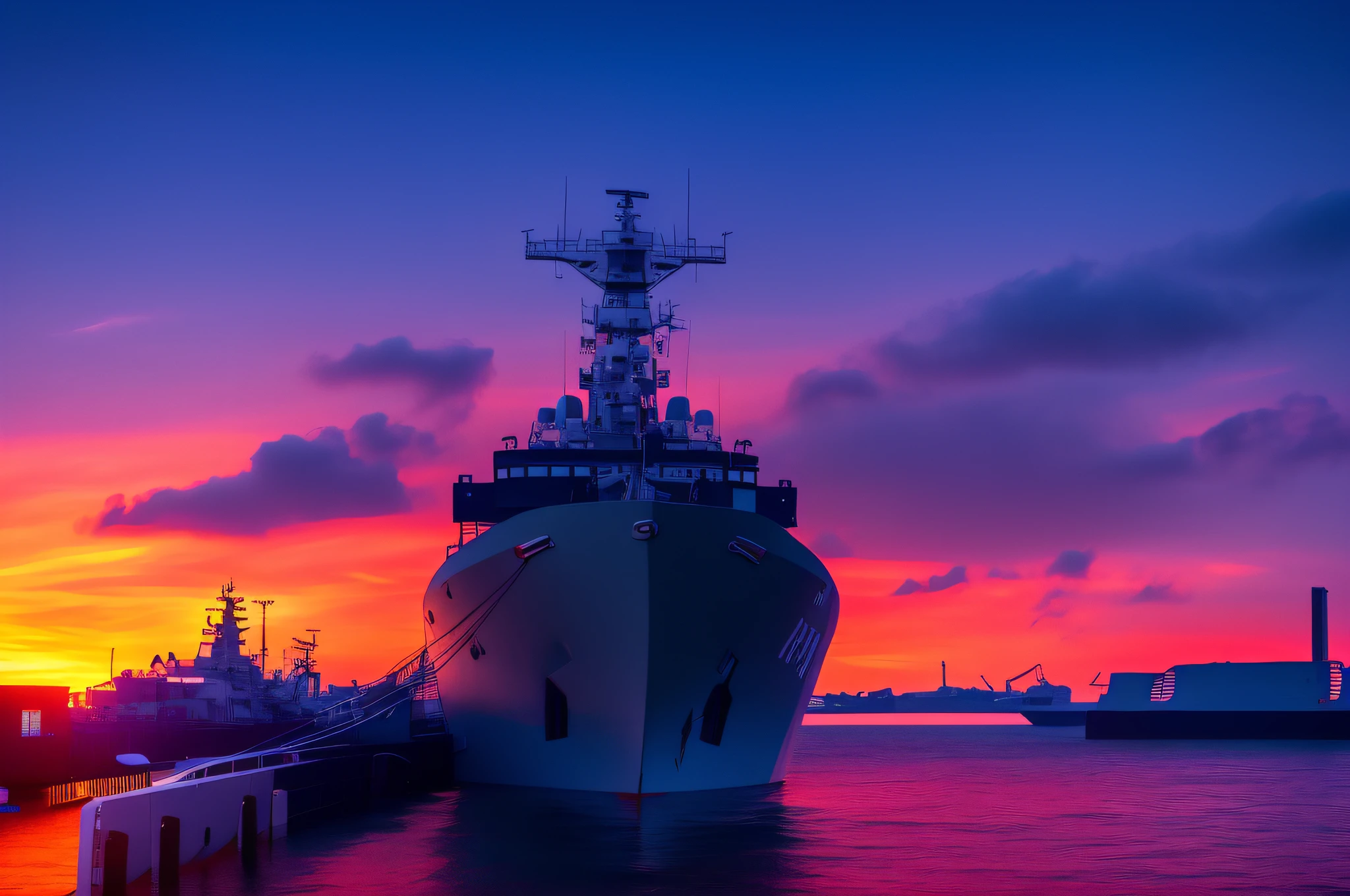 arafed ship docked at a dock with a sky background, break of dawn on neptun, warship, looking straight forward, photo shot, illustrious, warships, at twilight, close portrait, hull, front shot, maritime, northern star at night, at night, portrait shot, view from the side”, the photo shows a large, at sunrise