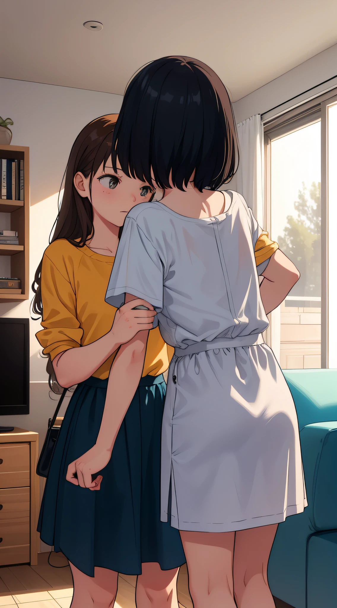 A girl pushes a girl in the living room