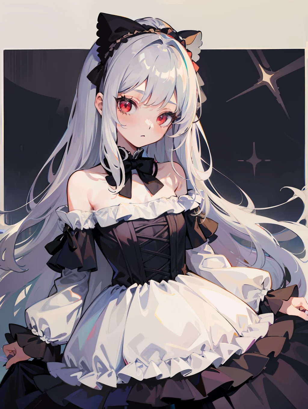 Sanni, li, silver hair, flat chest, dress, off-the-shoulder, 8k, super detail, 16k, masterpiece, best quality, super detail, high details, long hair, princess cut, lolita, lolita outfit, red eyes, upper body, black bow, expressionless, naked
