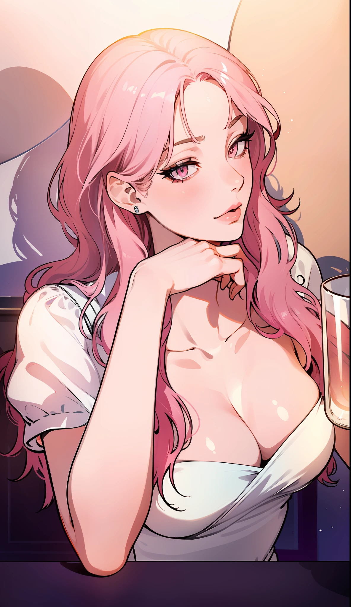 (((1girl))), ((toned)), female focus, masterpiece, high quality, (masterpiece:1.2), (best quality:1.2), shiny, realistic, ornate, intricate skin, white dress,((pink hair)), (long hair), pink eyes, hair_stick, hot_girl, fashion_clothes, glass, solo, pointy_ears, hair_bun, hair_ornament, hair_pin, holding_fan, paper_fan, elegant, looking_at_horizon, holding_fan, red_eyeliner, FH , looking at the horizon, constricted pupils, (shadows cast over the face:1.3), dark room, shadow room, sexy expression, (upper body)