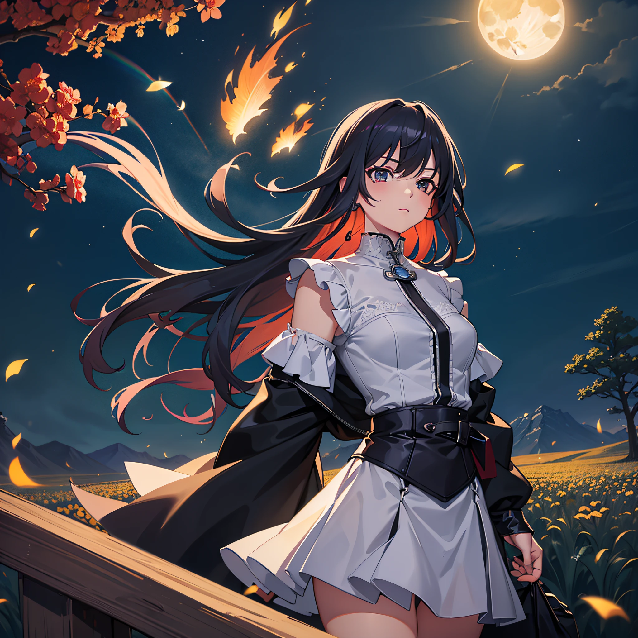 A wide landscape photo, (viewed from below, the sky is above, and the open field is below), a girl standing on a flower field looking up, (full moon: 1.2), (meteor: 0.9), (nebula: 1.3), distant mountains , Trees BREAK Crafting Art, (Warm Light: 1.2), (Firefly: 1.2), Lights, Lots of Purple and Orange, Intricate Details, Volumetric Lighting BREAK (Masterpiece: 1.2), (Best Quality), 4k, Ultra Detailed, (Dynamic Composition: 1.4), Rich in Detail and Color, (Rainbow Color: 1.2), (Glow, Atmospheric Lighting), Dreamy, Magical, (Solo: 1.2)