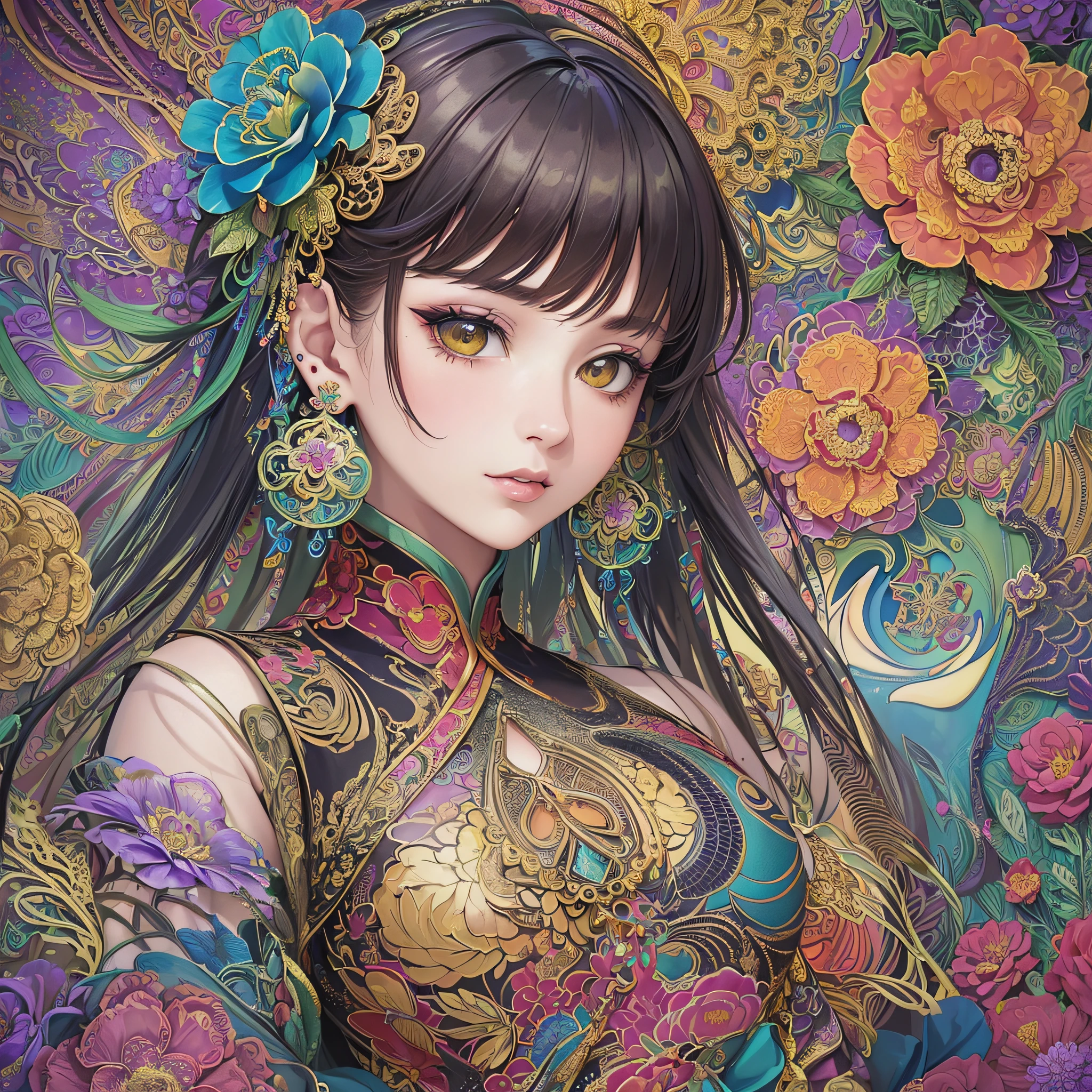 (masterpiece, top quality, best quality, official art, beautiful and aesthetic:1.2), (1girl:1.3), extremely detailed,(fractal art:1.1),(colorful:1.1)(flowers:1.3),highest detailed,(zentangle:1.2), (dynamic pose), (abstract background:1.3), (chinese dress:1.2), (shiny skin), (many colors:1.4), ,(earrings:1.4), --auto --s2