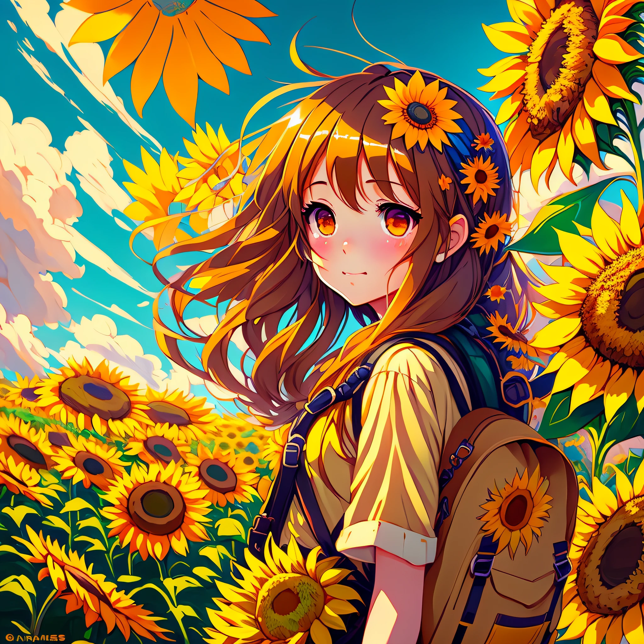 anime girl with sunflowers in hair with backpack, beautiful sunflower anime girl, Gwais, ArtGerm, Atey Ghailan style artwork, high quality anime art style made by anime painter studio, Yang J, Gwais, cute girl anime visual, flower, anime art style, high quality fan art, beautiful anime portrait, distant depiction