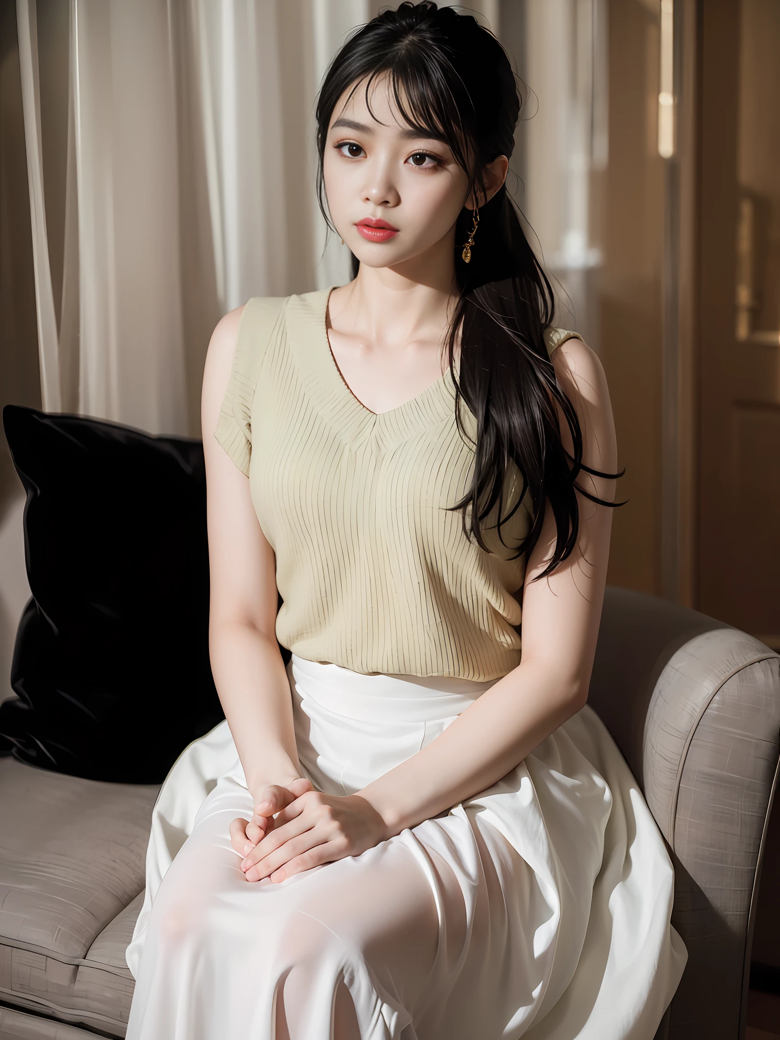 (8k, highest quality, masterpiece: 1.2), (realistic, photorealistic: 1.37), ultra detail, highest quality, ultra high resolution, professional lighting, photon mapping, radiosity, physically based rendering, cinematic lighting, stale basement, depth of field, focusing, darkness, good composition, (bokeh: 1.2), 1 girl, (full body), (mouth closed), Beautiful eyes, pose, constriction, off-shoulder, black hair, unkempt hair, long hair fluttering in the wind, (ulzzang-6500:1.2) mix4, hiqcgbody