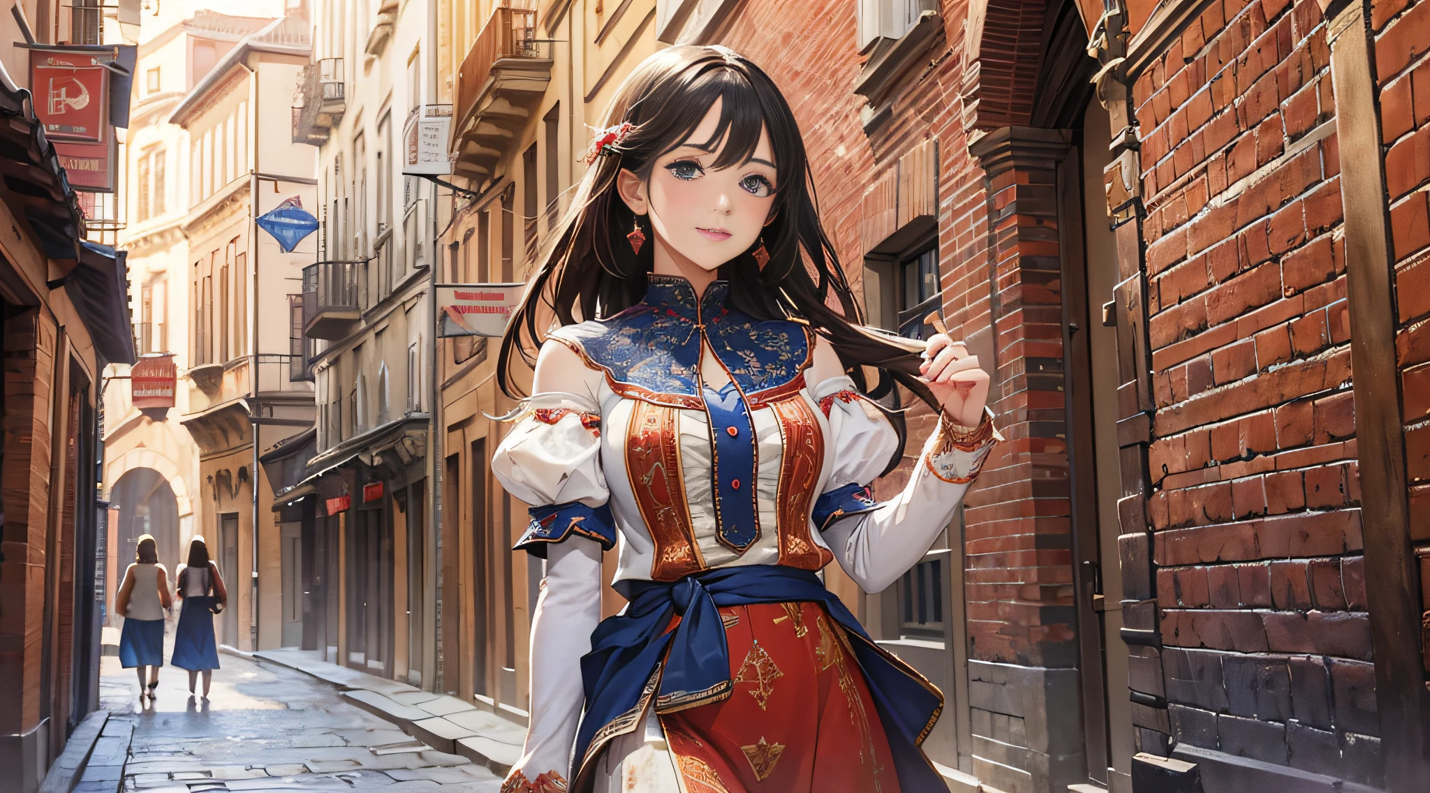 Masterpiece, best quality, young beautiful girl, super detailed, official art, Unity 8k wallpaper, Smirk, in the romanesque architecture streets, red and blue, impressionist style, (loose brushstrokes): 1.2, mottled light, bright colors, evocative atmosphere, expressive movement, painterly texture