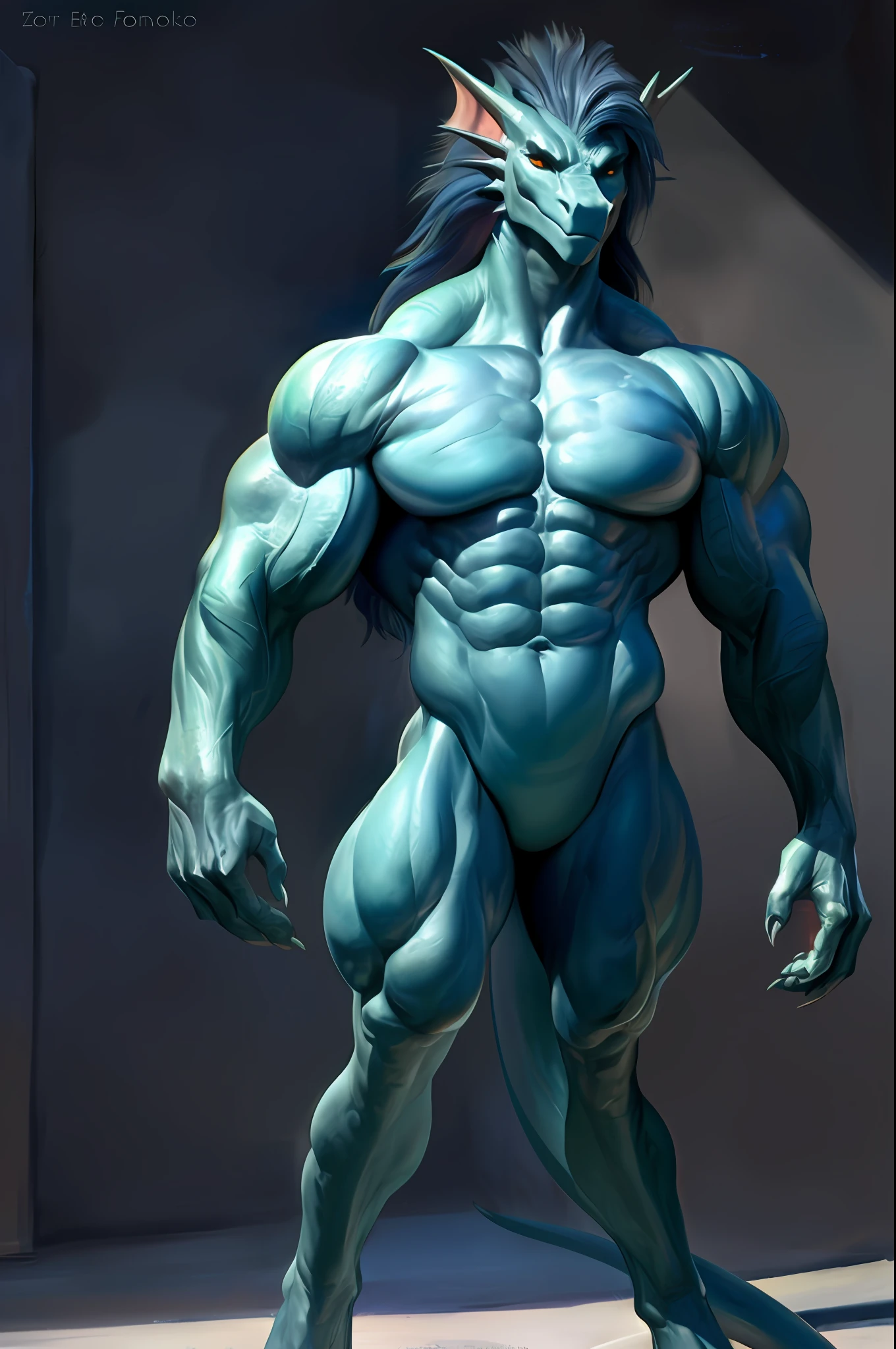 , by Bonifasko, anthro, solo, mighty, strong, powerful, enormous muscles, muscular body, dragon, mesomorph, waist is very slim, shoulders is very wide, chest is very large, torso is very tall, small head, wall of incredible abs, mane, detailed background, standing, looking at viewer, male, front view