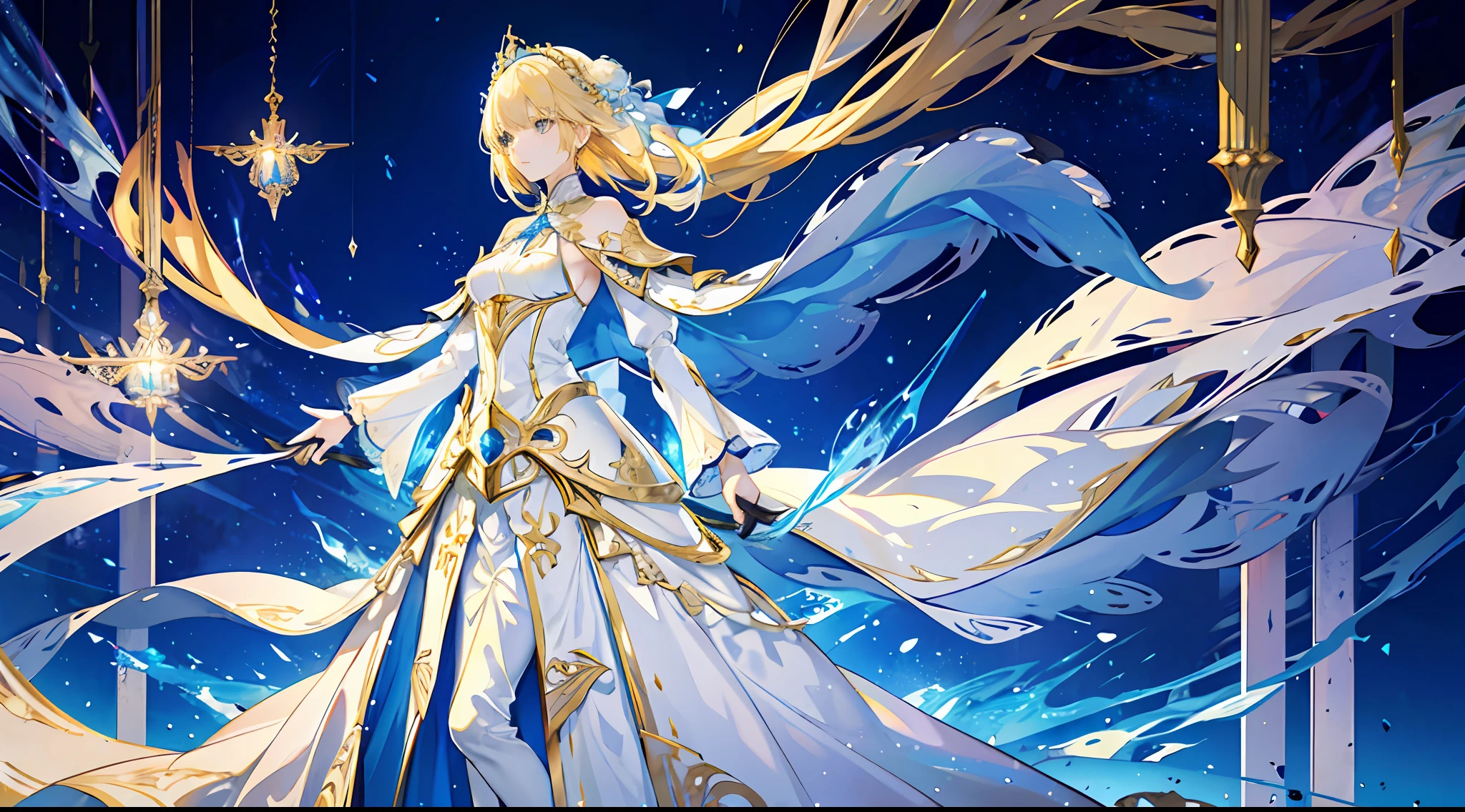 A girl, beautiful, otherworldly, tall, elegant, full body, long blonde hair, princess outfit, gold and silver decorations, armor, white and blue long dress, light surrounding, streamer, magic, extreme detail, 8k