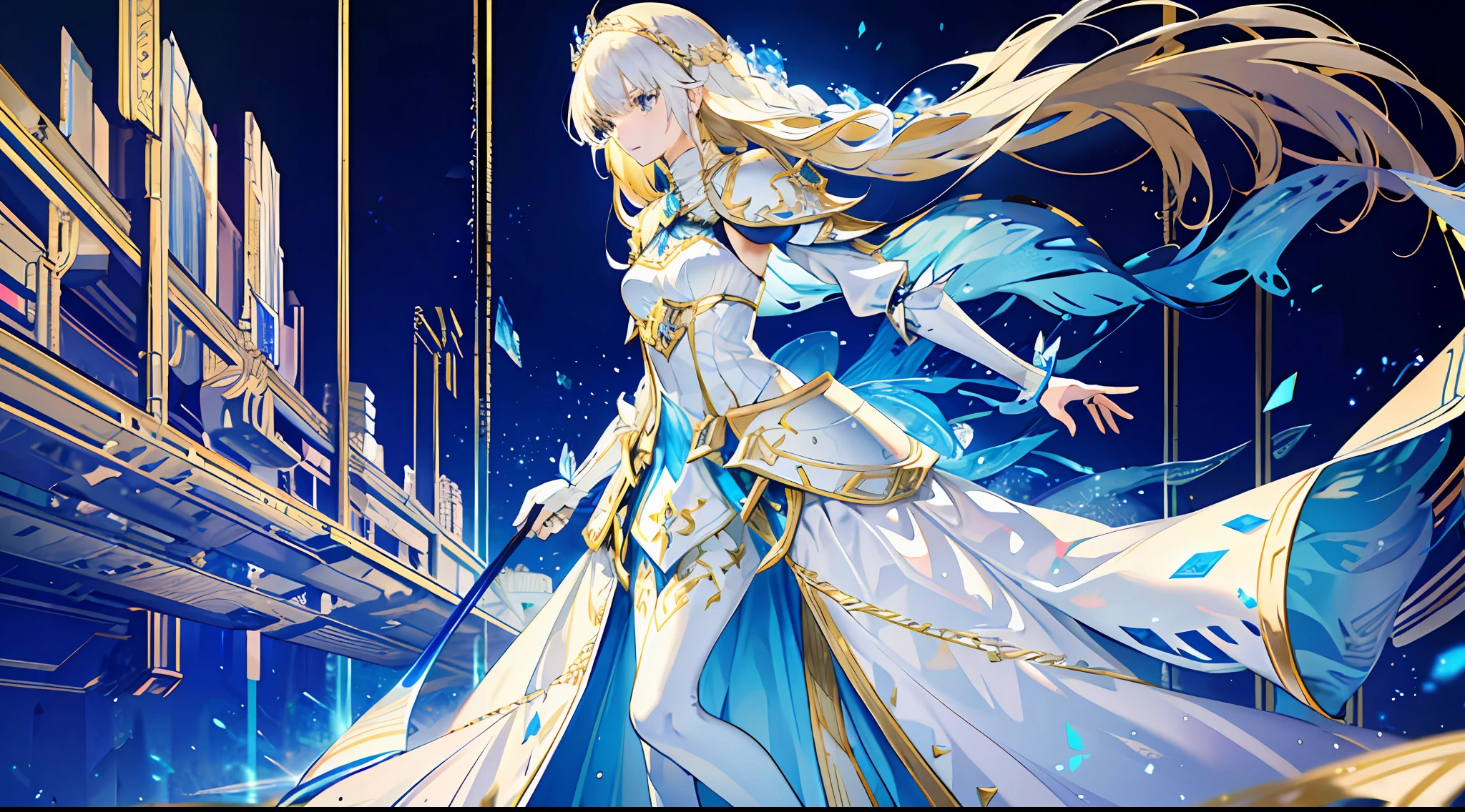 A girl, beautiful, otherworldly, tall, elegant, full body, long blonde hair, princess outfit, gold and silver decorations, armor, white and blue long dress, light surrounding, streamer, magic, extreme detail, 8k