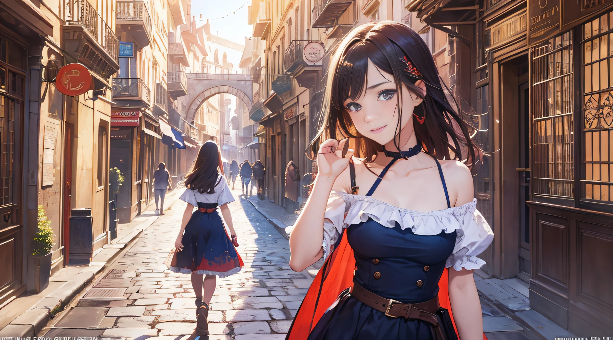 Composition, Best Quality, Young Beautiful Girl, Ultra Detailed, Official Art, Unity 8k Wallpaper, Smirk, In the romanesque architecture streets, red and blue, Impressionist style, (loose brushstrokes): 1.2, mottled light, vivid colors, evocative atmosphere, expressive movement, painterly textures