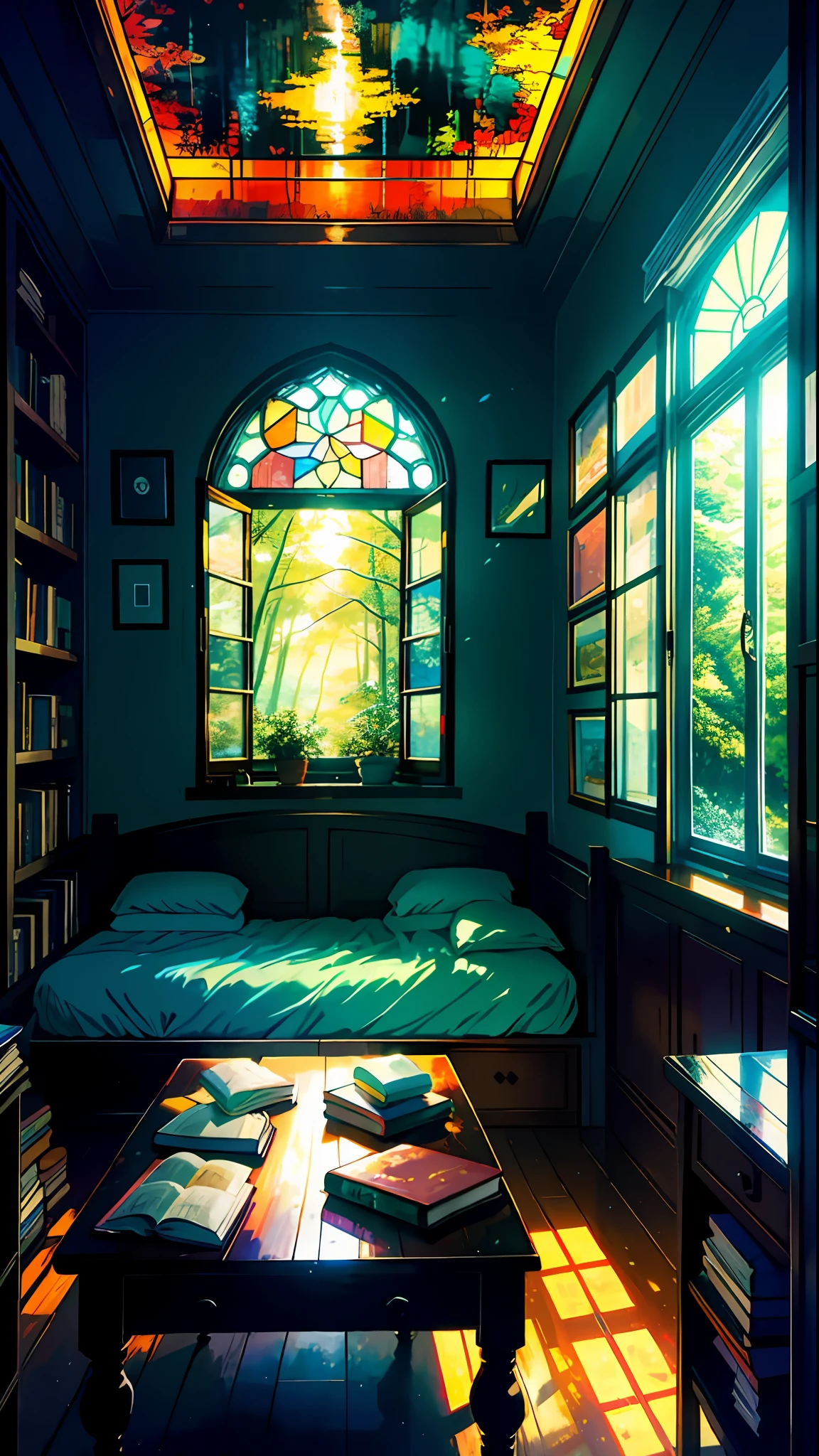 Cozy room, table, bed, many books, paintings, view from the window of the forest, sea, happiness, full color, multicolored, artificial, highest detail, super quality, small details, glare, neon lights, masterpiece, illustration, daylight, huge room, huge windows, stained glass windows