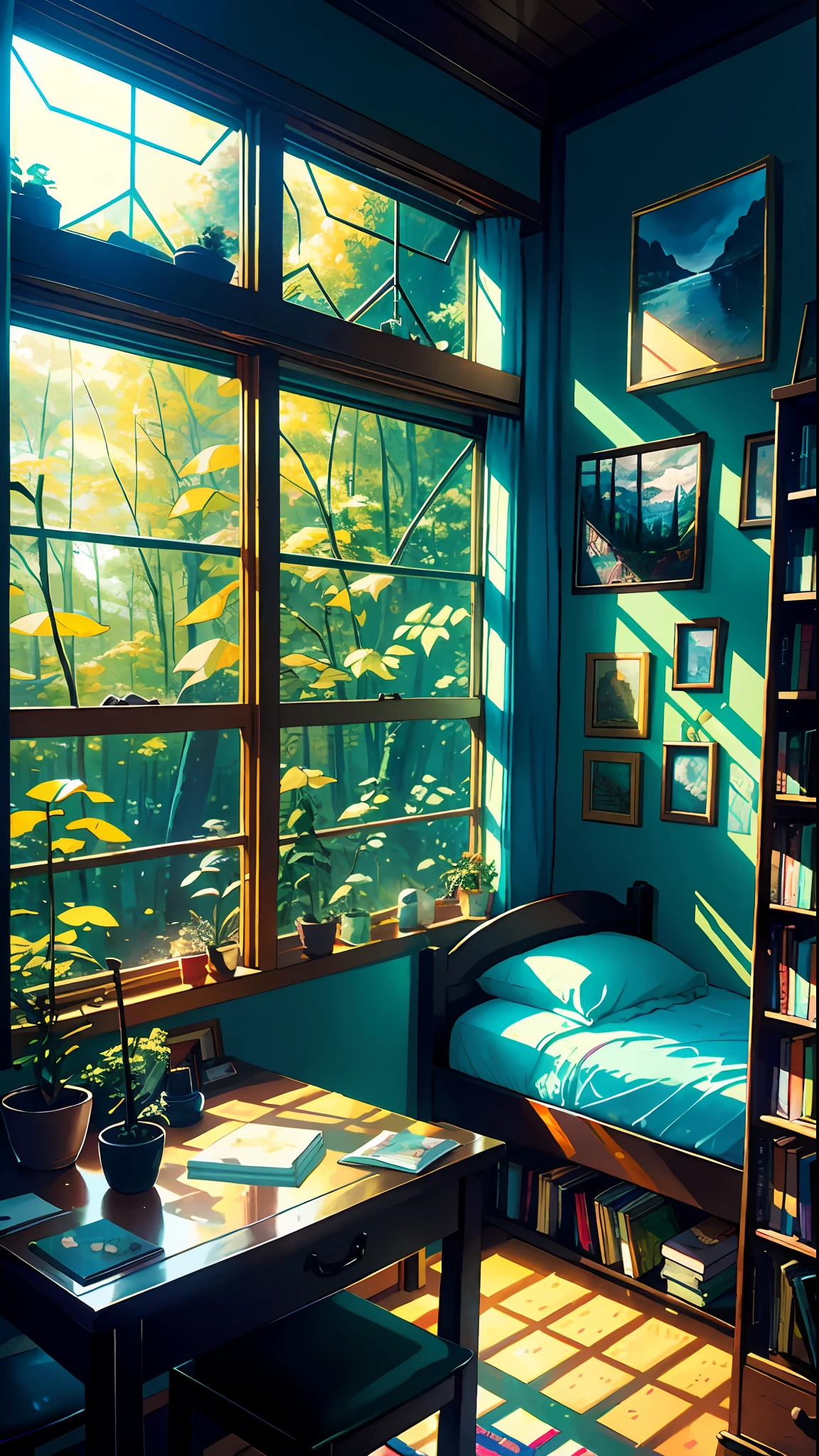 Cozy room, table, bed, many books, paintings, view from the window of the forest, sea, happiness, full color, multicolored, artificial, highest detail, super quality, small details, glare, neon lights, masterpiece, illustration, daylight, huge room, huge windows, stained glass windows
