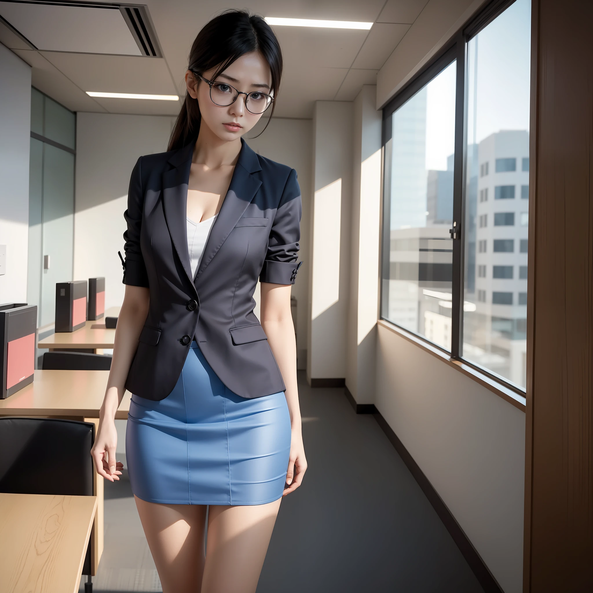 alone, solo, woman in her 20s posing for photo, victory, tsundere, knotted, office lady, suit, blue mini skirt, anger, small, glasses, slim girl model photo, physical: tiniest mid-life ever, female model, Japan female fashion model, (8k, raw photo, best quality, masterpiece: 1.2), (realistic, photorealistic: 1.37), super detailed, Ultra high resolution, summer, office district, standing, full body, (((SEXY)))