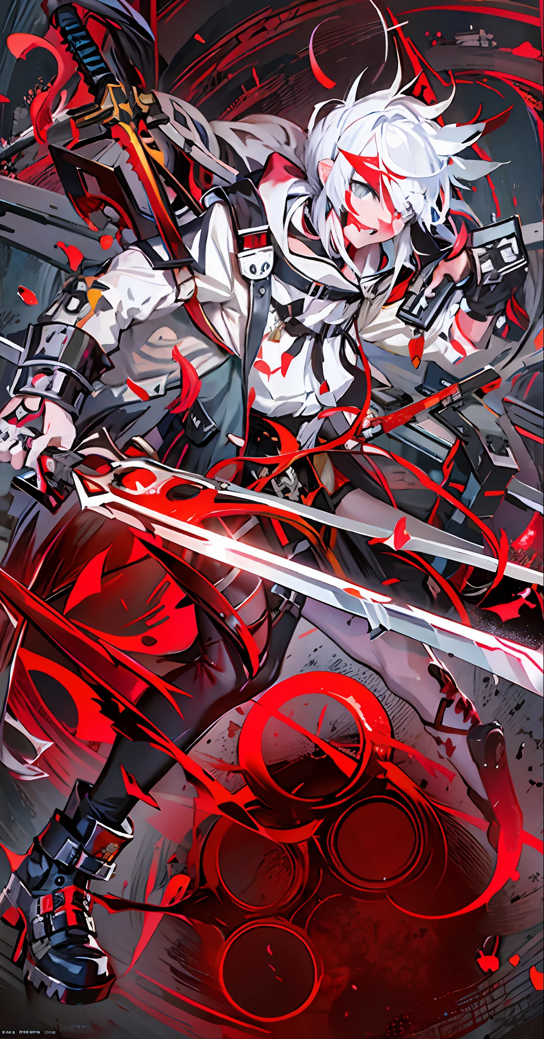 anime character with white hair and red eyes holding a sword, from arknights, badass anime 8 k, guilty gear art style, guilty gear strive splash art, detailed key anime art, demon slayer artstyle, wielding kunai, bloody + concept art, gapmoe yandere grimdark, trending on artstation pixiv, guilty gear art direction, [[blood]]