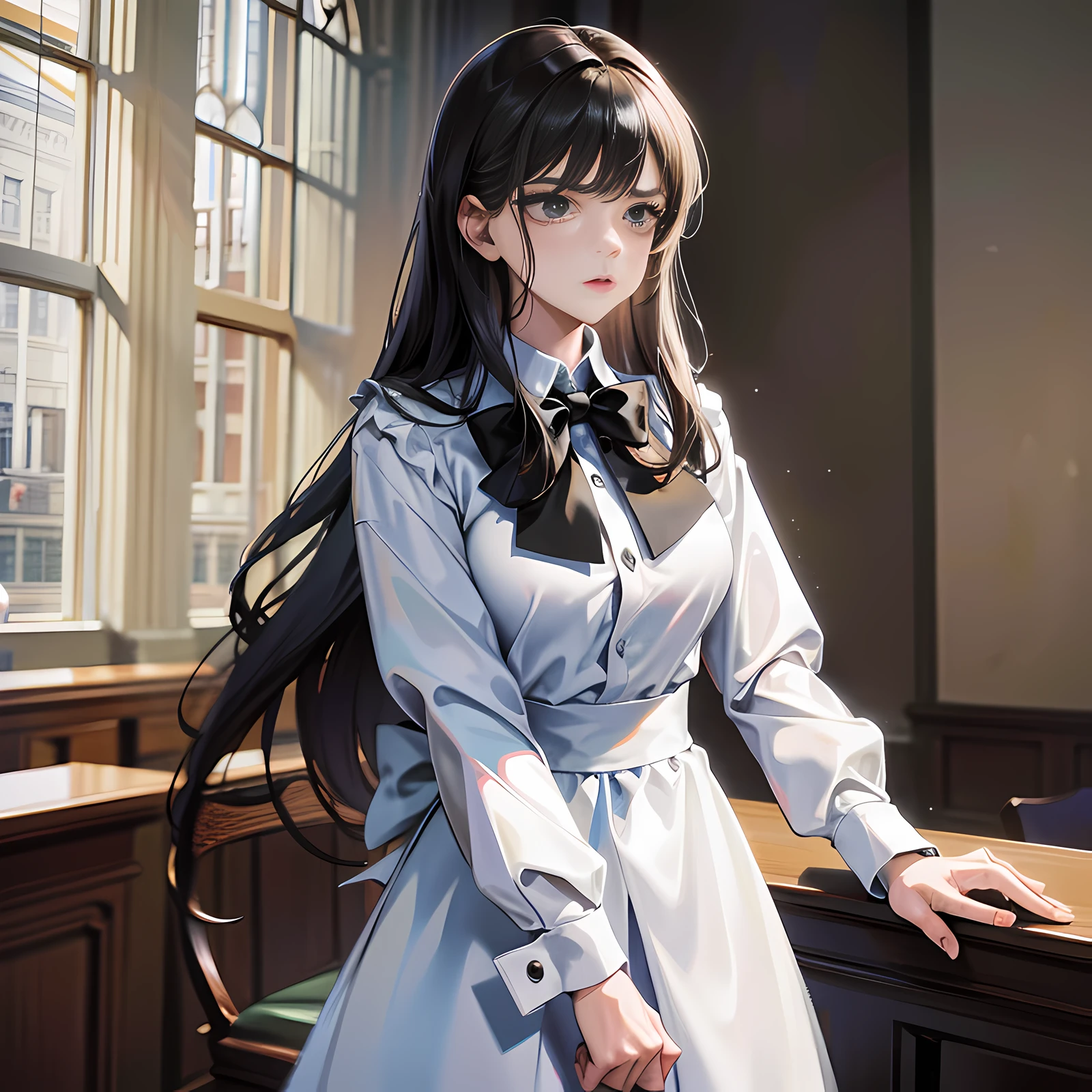 In the courthouse, on the seat, there is a girl standing up, long black hair, angry, scared, talking, super detailed, 4k, white, no bow tie, super detailed,