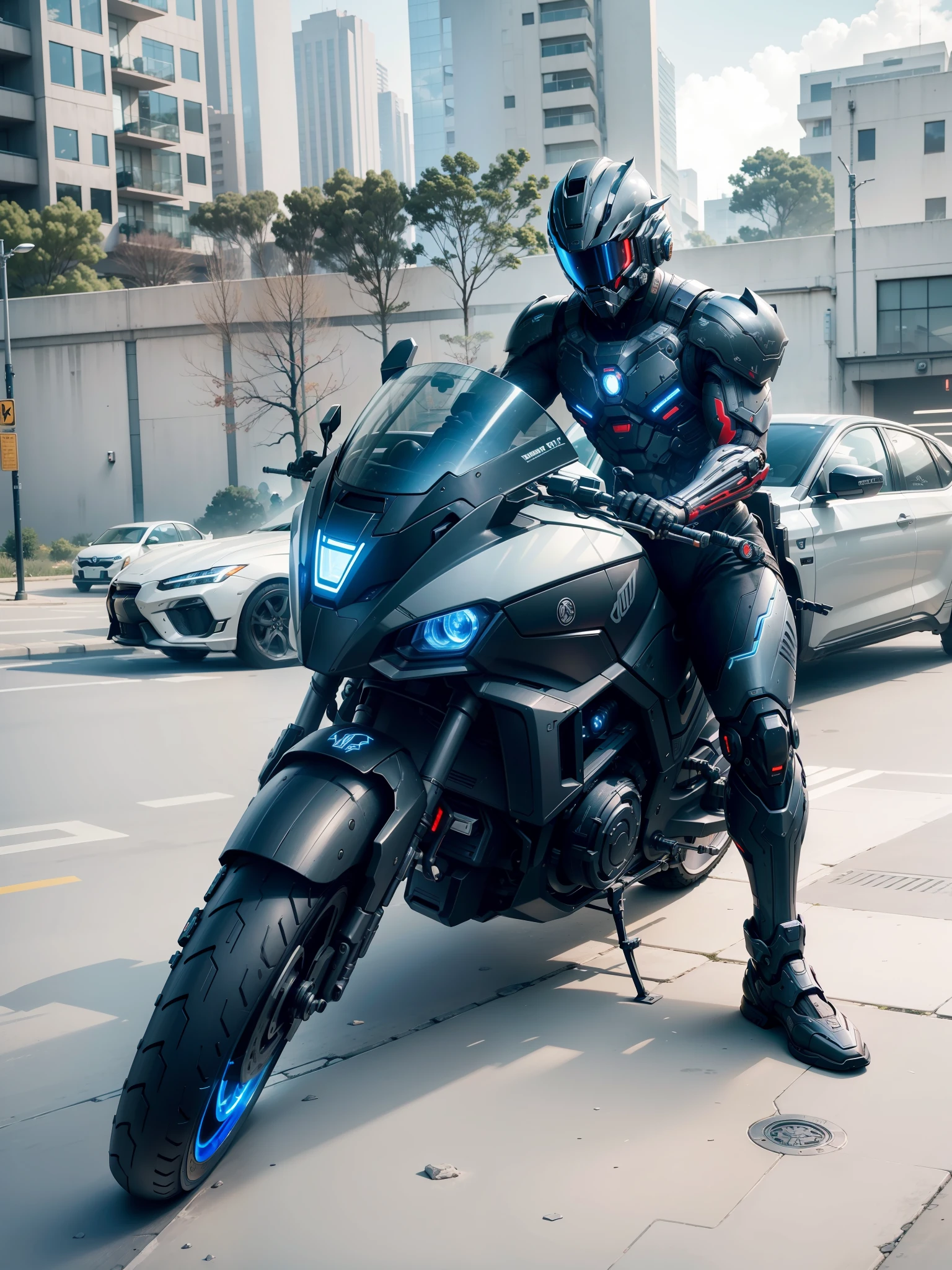 (Masterpiece: 1.2), Best Quality, High Score, Uniform 8k Wallpaper, (Illustration: 1.0), Beautiful Detailed, Very Detailed, Perfect Lighting, Very Detailed CG, Glowing Eyes, Backlight, Armor, Bust Mech, 1boy, Man, Strong, Tattoo on Leg, Warframe, Humanoid Robot, Helmet, Sample Background, Weapon, blue_armor, Looking at the Audience, Solo, Perspective, Red helmet, black bike, black clothes, blue light, shorts, strong muscles, cyberpunk,
