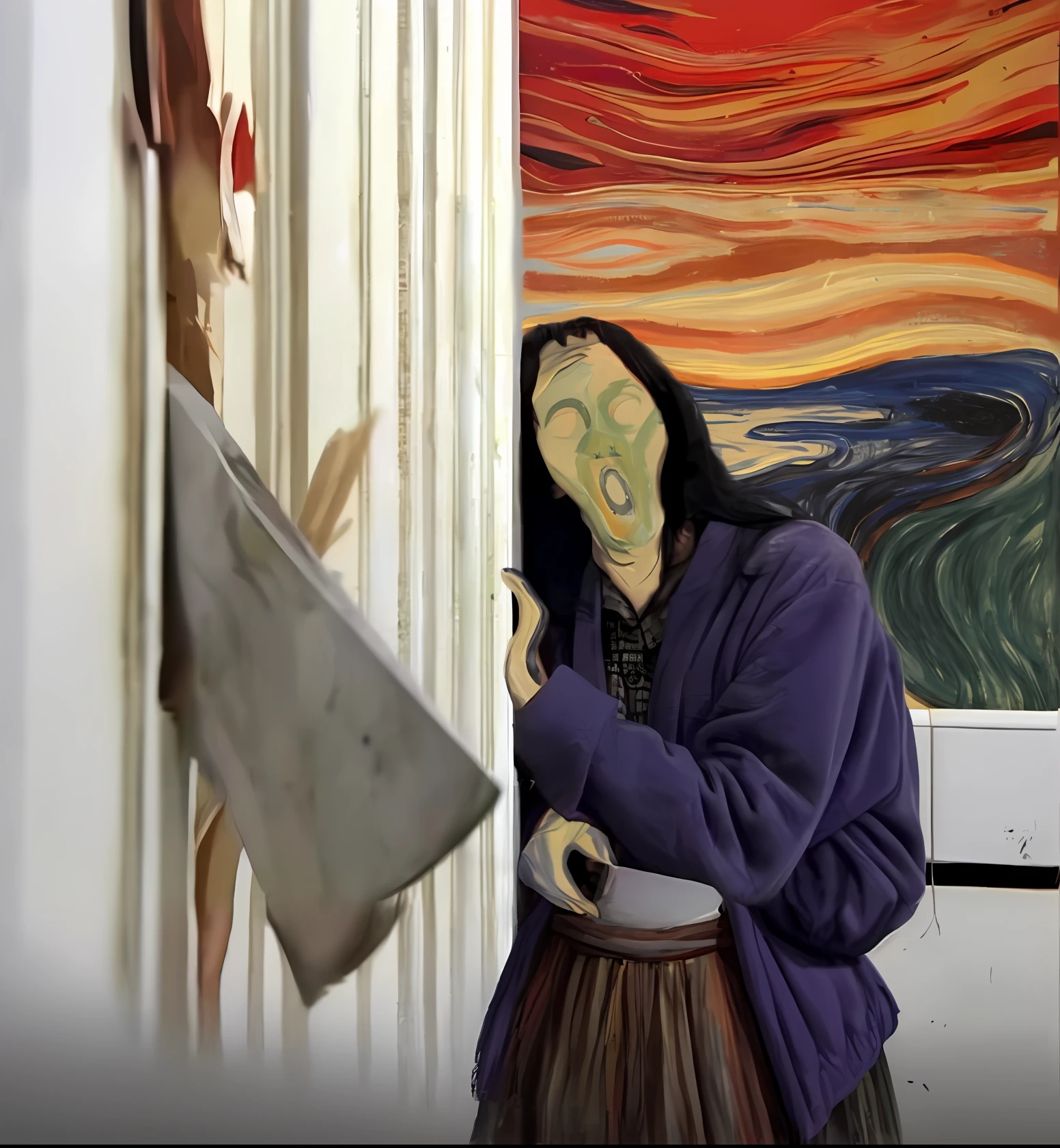 there is a woman with a knife in her hand standing in front of a painting, horror painting, horror movie scene, twisted god with no face, the scream painting, horror movie slasher, the scream, nightmare scene, hyperrealistic nightmare scene, ( ( ( horror art ) ) ), big budget horror movie scene, peep the horror, inspired by Peggy Bacon