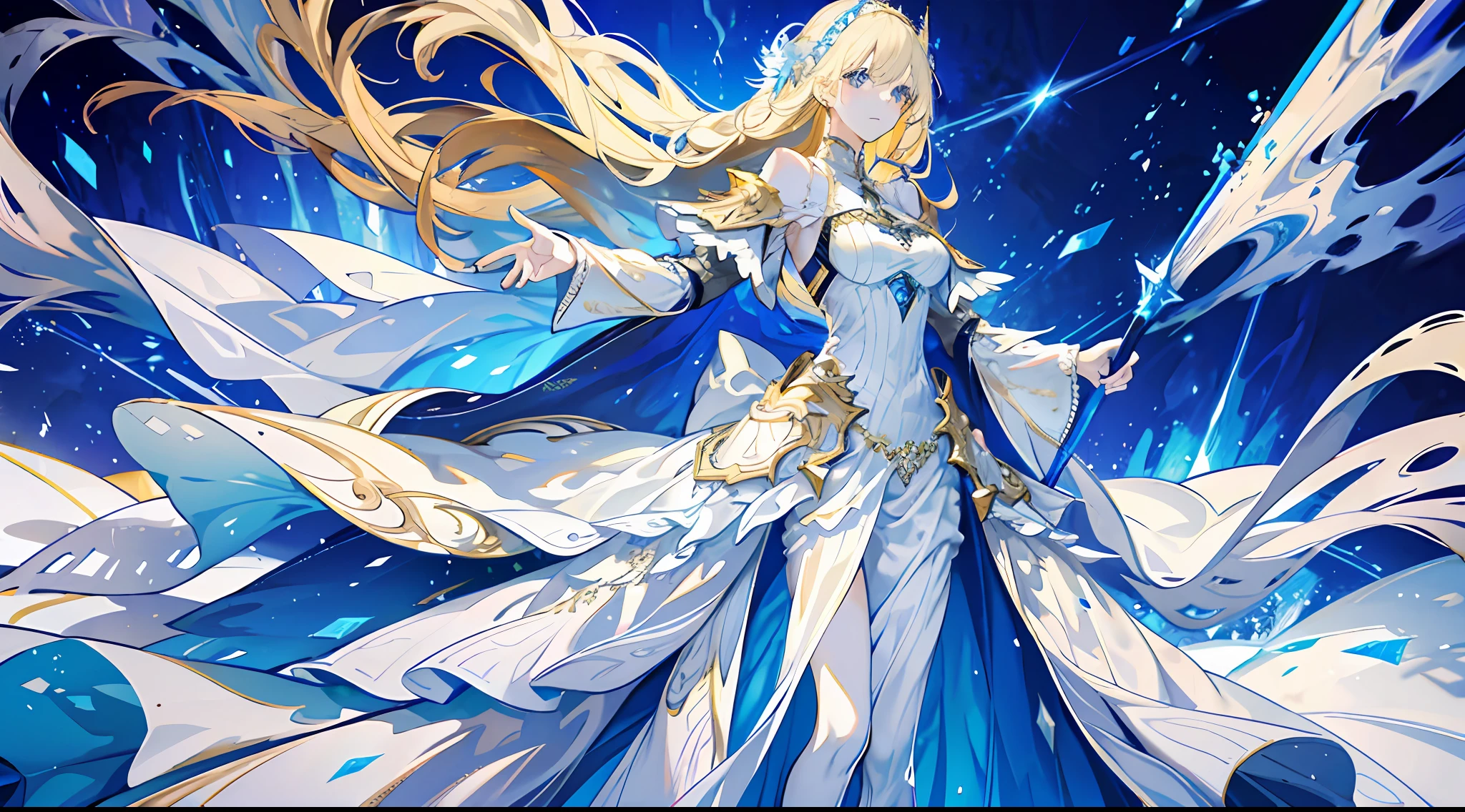 A woman, beautiful, otherworldly, tall, elegant, full-body, long blonde hair, princess dress, gold and silver decoration, armor, white and blue long dress, light surrounding, streamer, magic, extreme detail, 8k