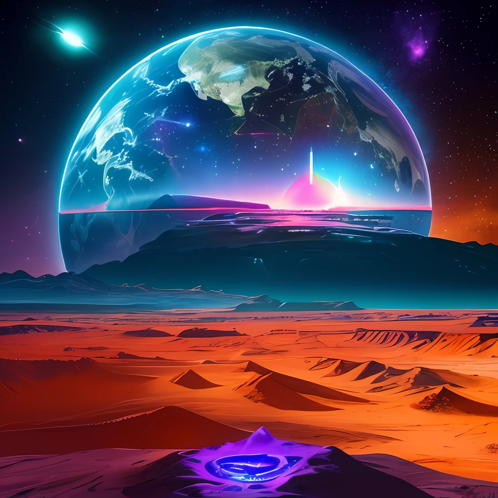 [masterpiece], An Extraterrestrial Landscape, inspired by T-shirt design, with 32k quality, with Surrealist style, made with Neon Colors, Captured by DSLR Camera, in a total and centralized frame, with maximum detail and a wide view of the masterpiece. --auto --s2
