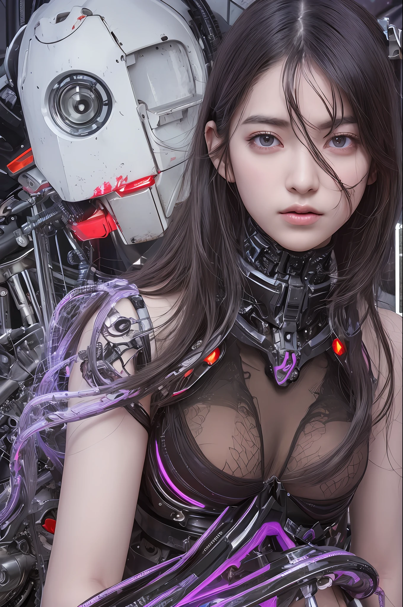 Top Quality, Masterpiece, Ultra High Resolution, (Photorealistic: 1.4), Raw Photo, 1 Girl, Black Hair, Glossy Skin, 1 Mechanical Girl, (Ultra Realistic Detail)), Portrait, Global Illumination, Shadows, Octane Rendering, 8K, Ultra Sharp, Big, Cleavage Exposed Raw Skin, Metal, Intricate Ornament Details, Japan Details, Very intricate details, realistic light, CGSoation trend, purple eyes, glowing eyes, facing the camera, neon details, mechanical limbs, blood vessels connected to the tube, mechanical vertebrae attached to the back, mechanical cervical attachment to the neck, sitting, wires and cables connecting to the head, gundam, small LED lamps,