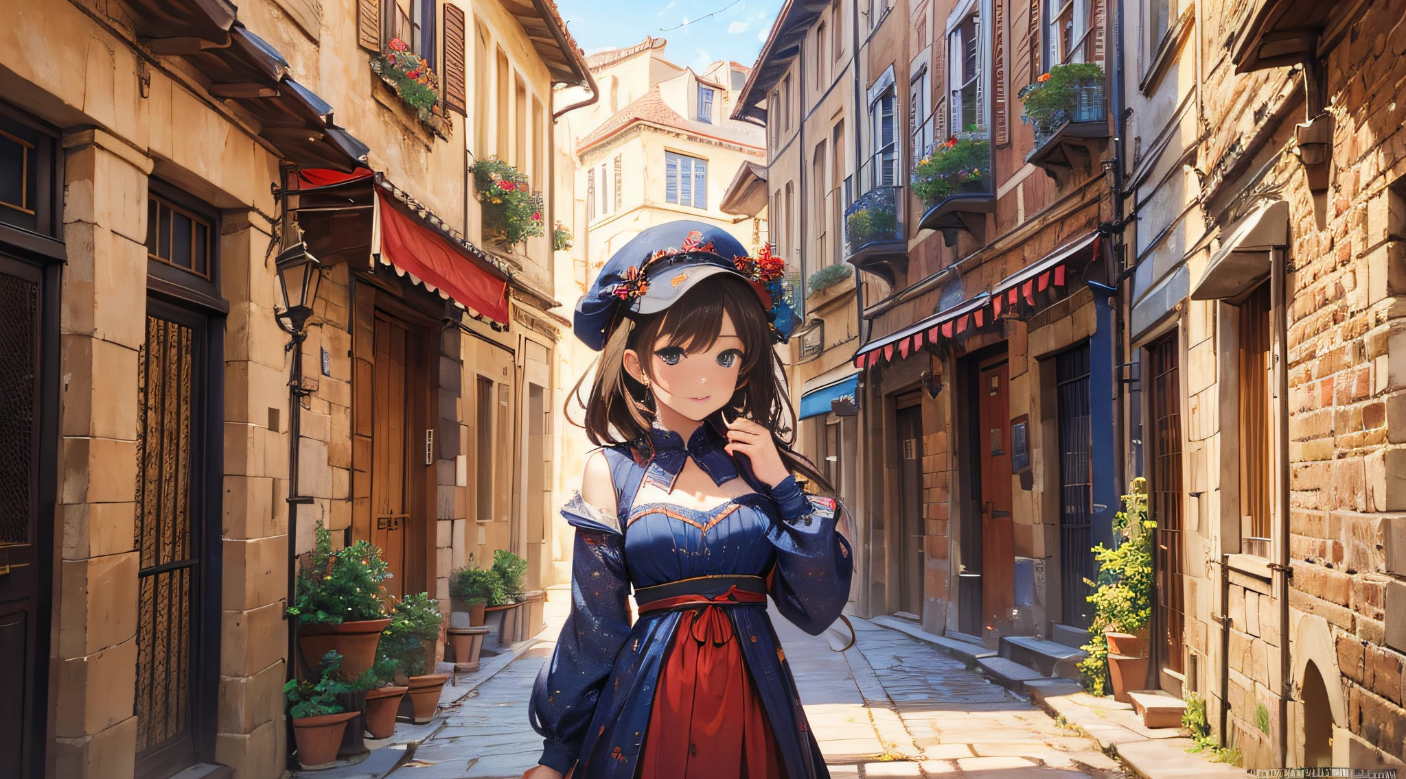 Masterpiece, best quality, young beautiful girl, super detailed, official art, Unity 8k wallpaper, Smirk, in the romanesque architecture streets, red and blue, impressionist style, (loose brushstrokes): 1.2, mottled light, bright colors, evocative atmosphere, expressive movement, painterly texture