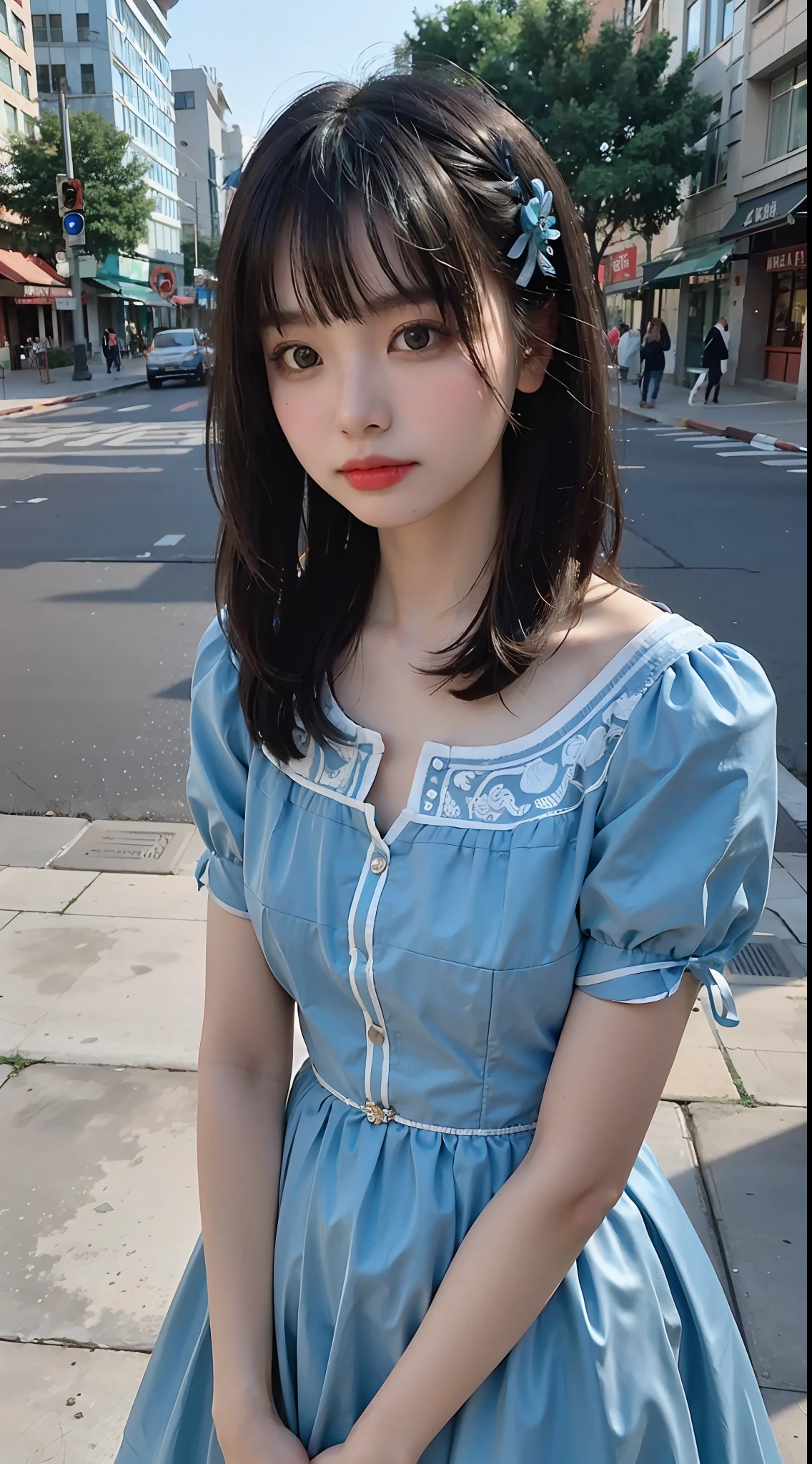 araffe woman in a blue dress standing on a street corner, ulzzang, xintong chen, with bangs, xision wu, sha xi, neat hair with bangs, inspired by Ma Yuanyu, headshot profile picture, chinese girl, a cute young woman, 🤤 girl portrait, young cute wan asian face, white hime cut hairstyle