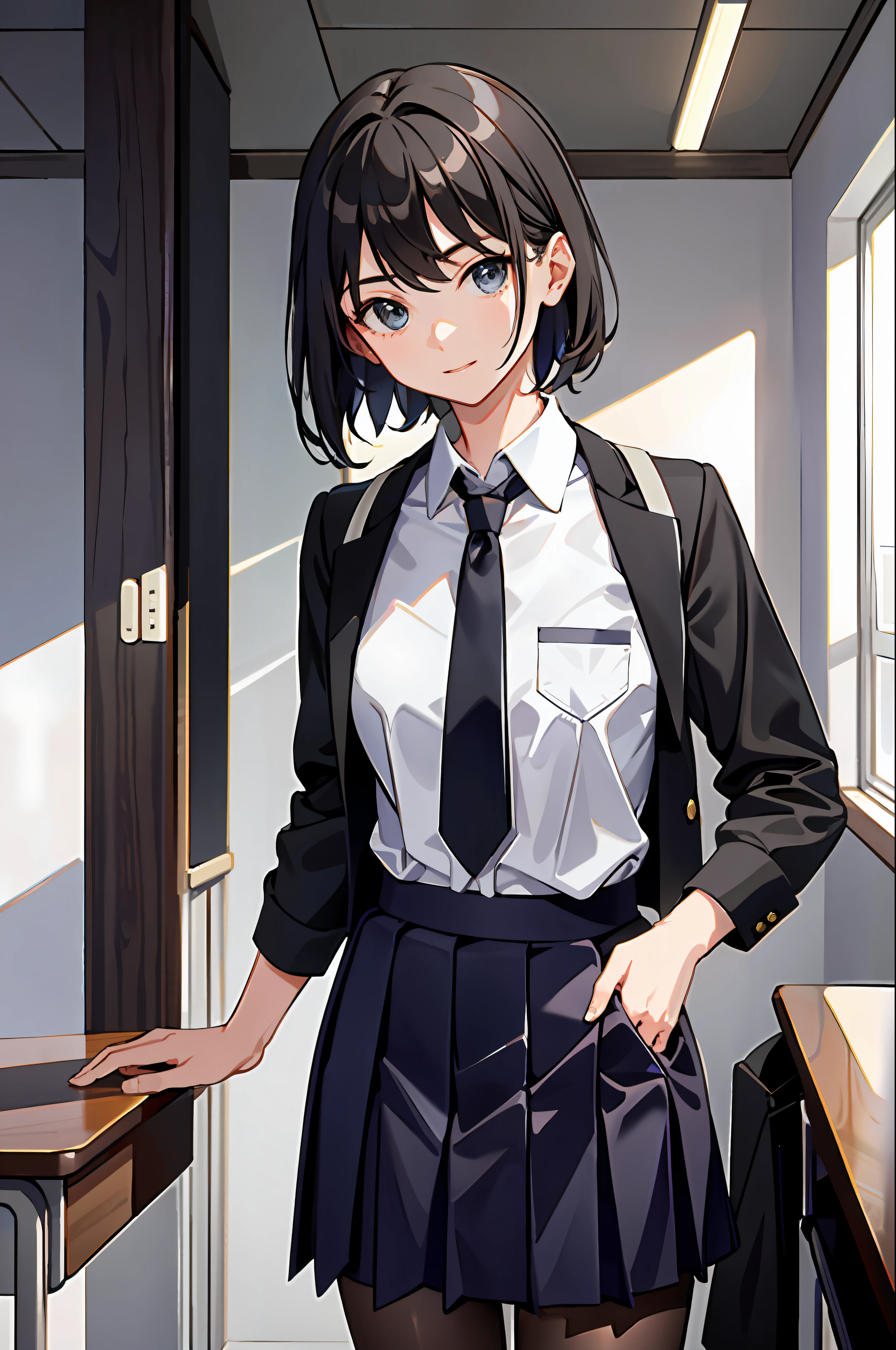 (Masterpiece: 1.2, Excellent), (Real shot, meticulous), solo, 1lady, school, school uniform, front, standing, full,