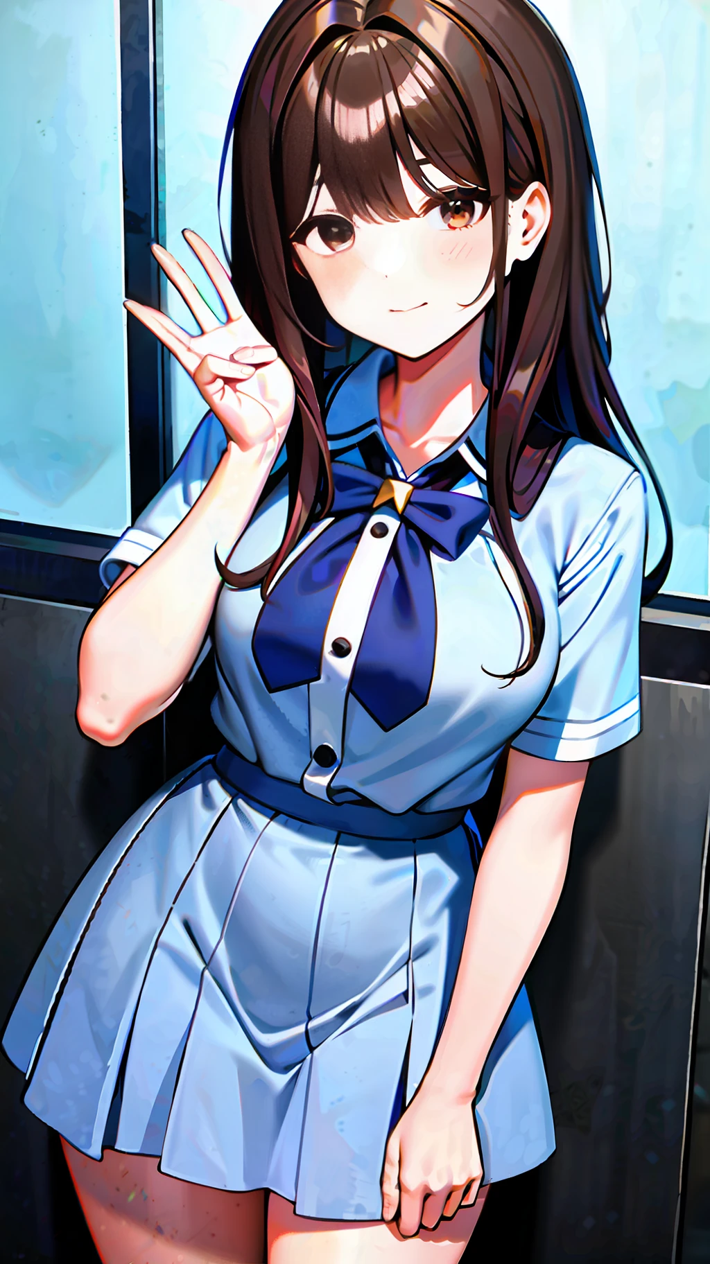 High School Girl,Half Twin Up Hair,Big,Brown Hair,Bullish