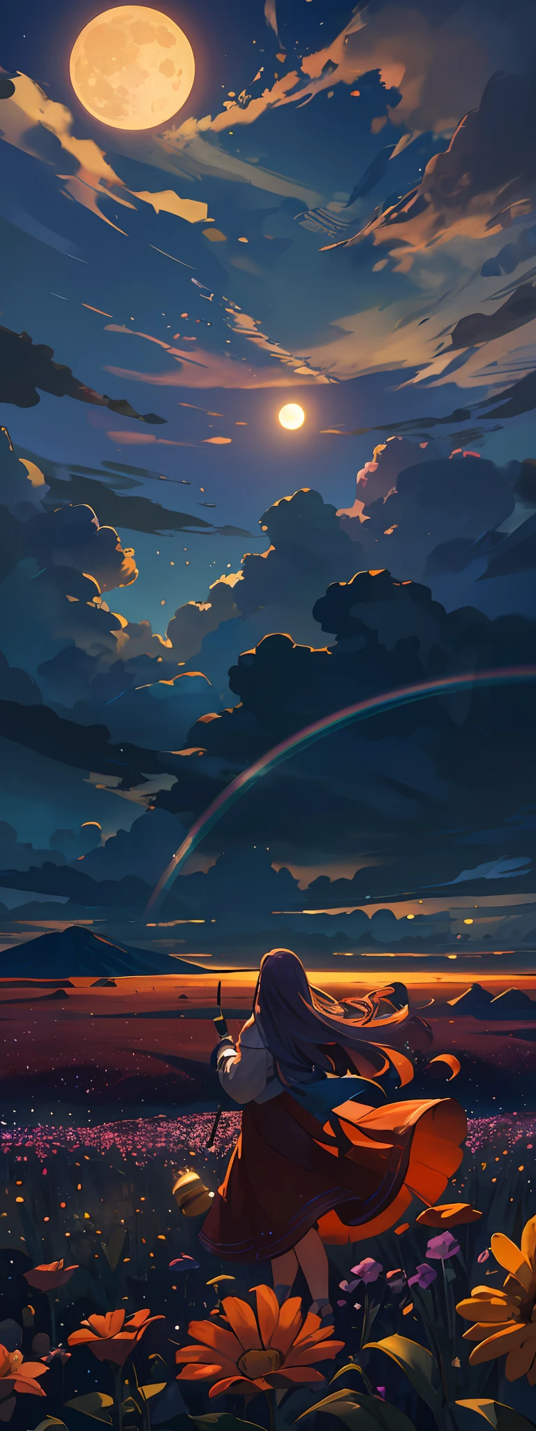 A wide landscape photo, (viewed from below, the sky is above, and the open field is below), a girl standing on a flower field looking up, (full moon: 1.2), (meteor: 0.9), (nebula: 1.3), distant mountains , Trees BREAK Crafting Art, (Warm Light: 1.2), (Firefly: 1.2), Lights, Lots of Purple and Orange, Intricate Details, Volumetric Lighting BREAK (Masterpiece: 1.2), (Best Quality), 4k, Ultra Detailed, (Dynamic Composition: 1.4), Rich in Detail and Color, (Rainbow Color: 1.2), (Glow, Atmospheric Lighting), Dreamy, Magical, (Solo: 1.2)