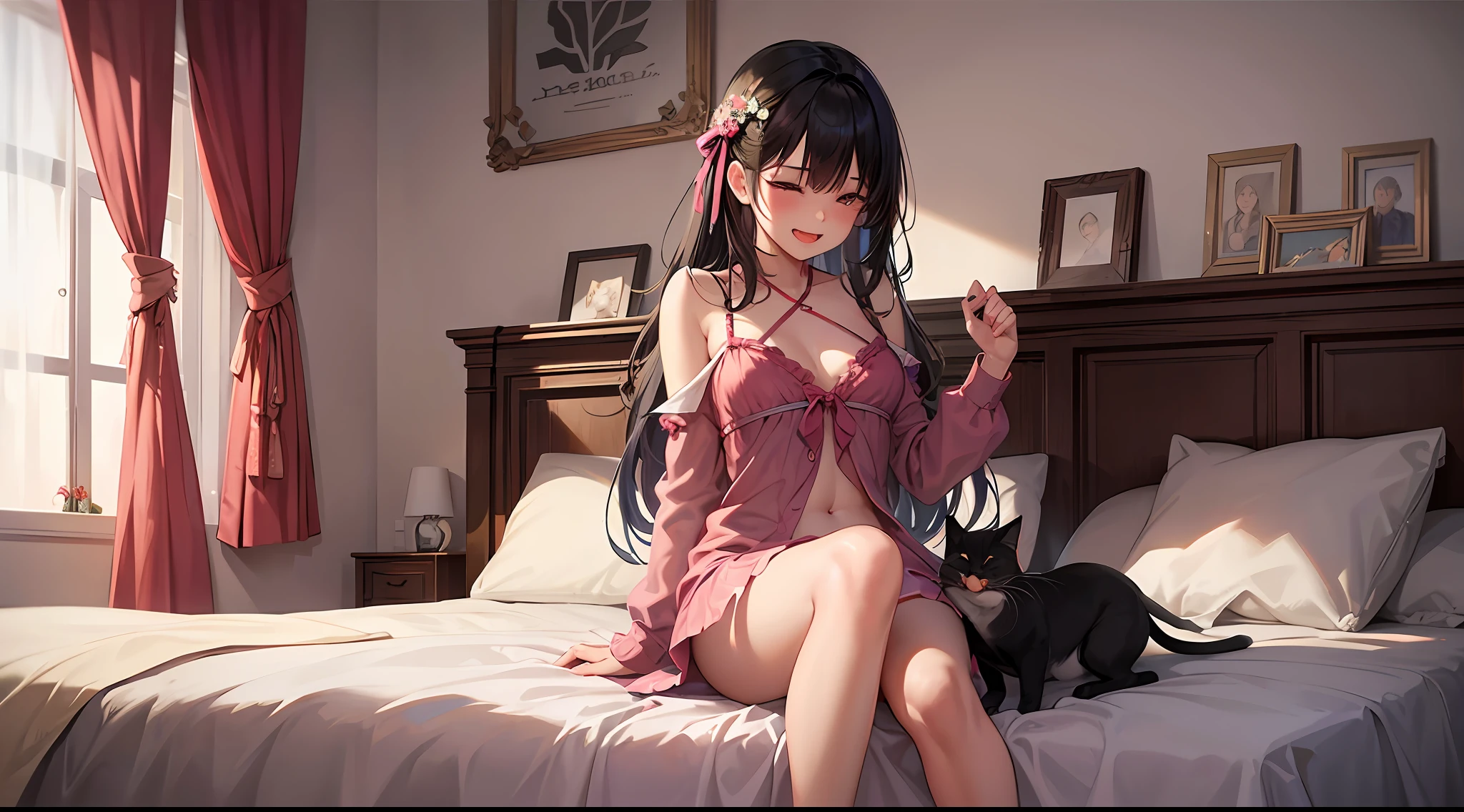 a beautiful girl laughing is tied on a bed, a cat is licking her feet, a boy is tickling her ribs, she kept her mouth open. --auto --s2