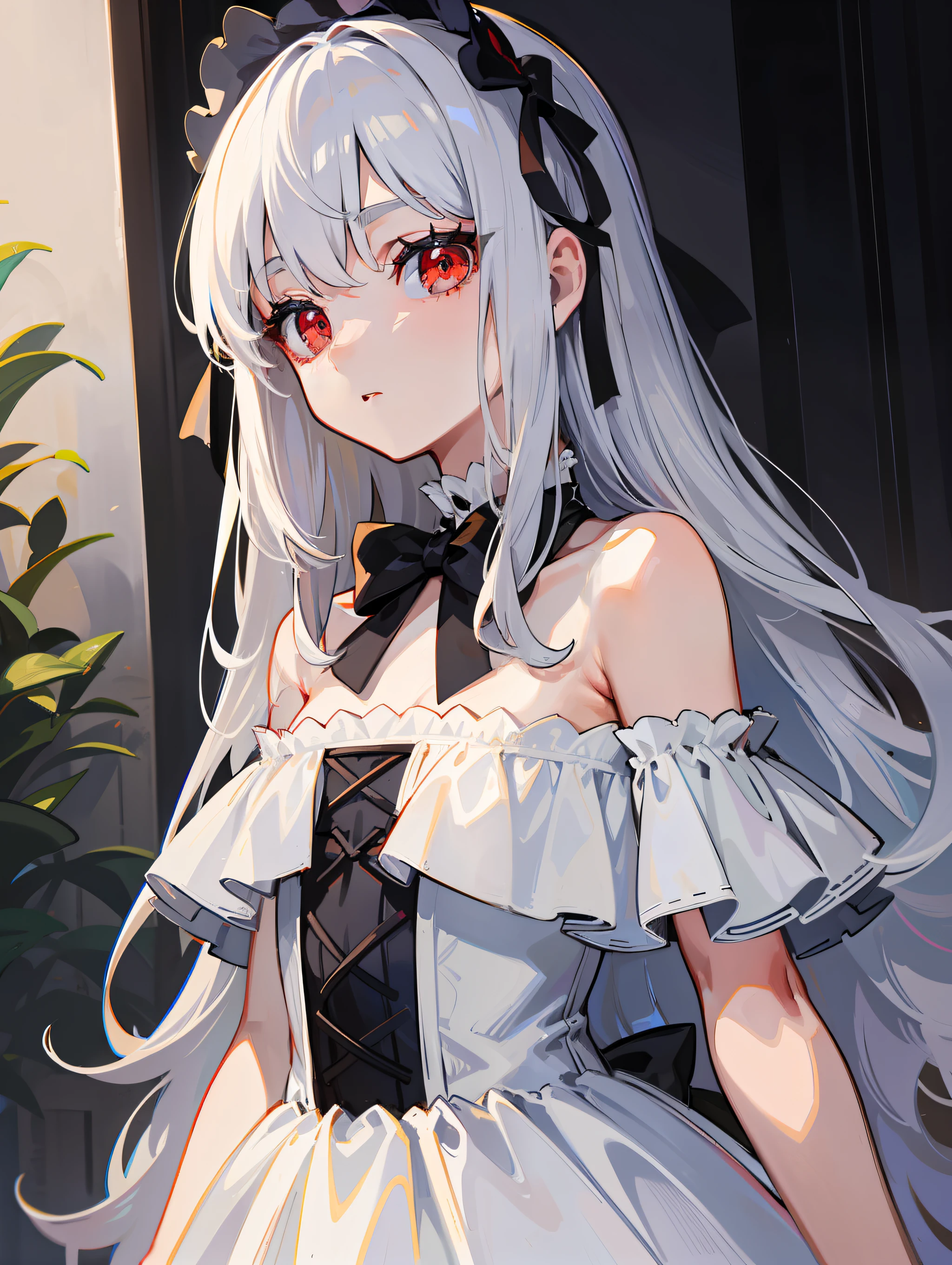Sanni, li, silver hair, flat chest, dress, off-the-shoulder, 8k, super detail, 16k, masterpiece, best quality, super detail, high details, long hair, princess cut, lolita, lolita outfit, red eyes, upper body, black bow, expressionless, naked