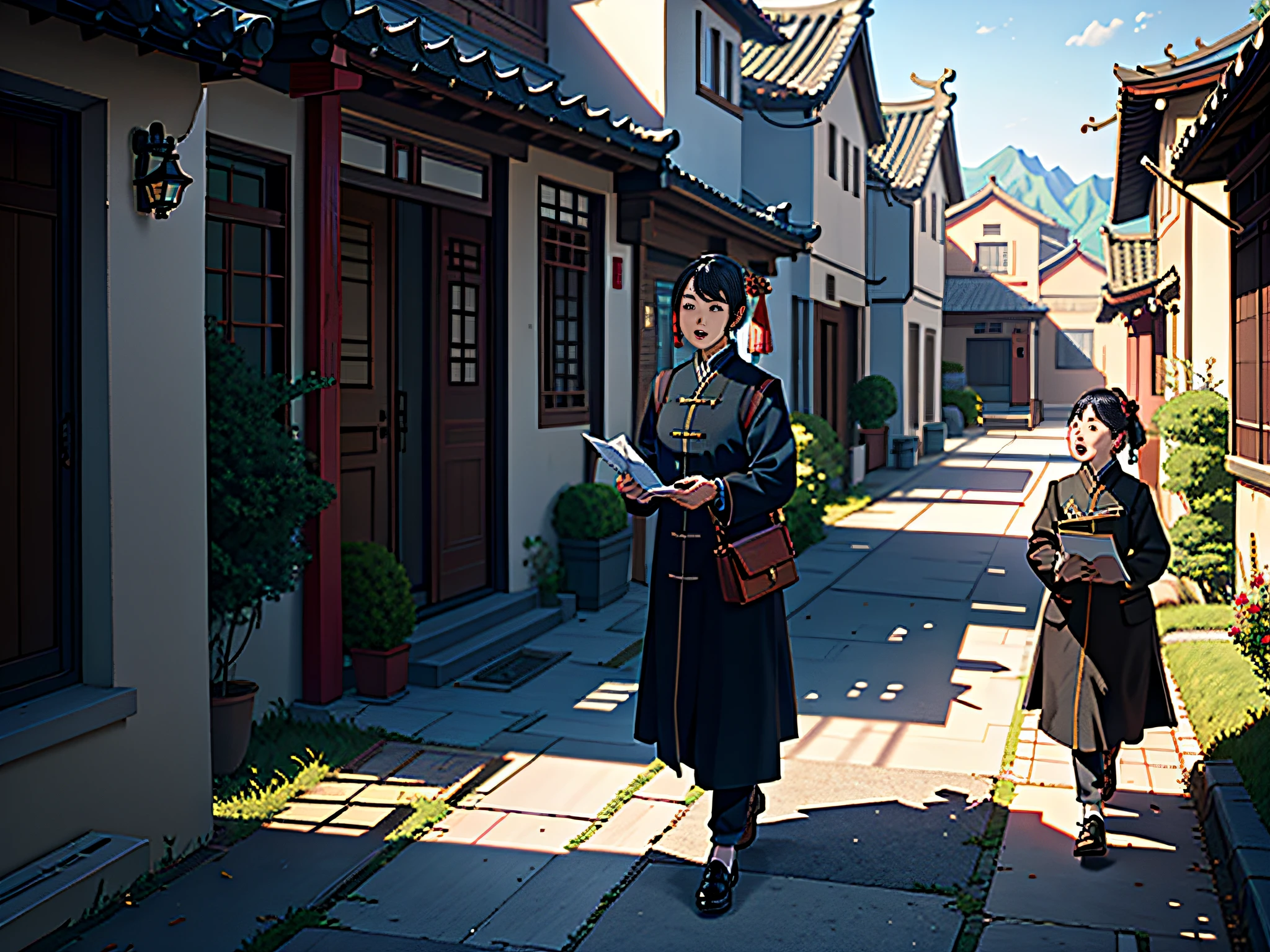 (Masterpiece, best quality; 1.3), very detailed, Unity 8k wallpaper, perfect lighting, perfect shadows, Chinese scene, village yard, a female courier middle-aged woman,, one hand holding up an admission letter, mouth open, POV, Dorothyan perspective,