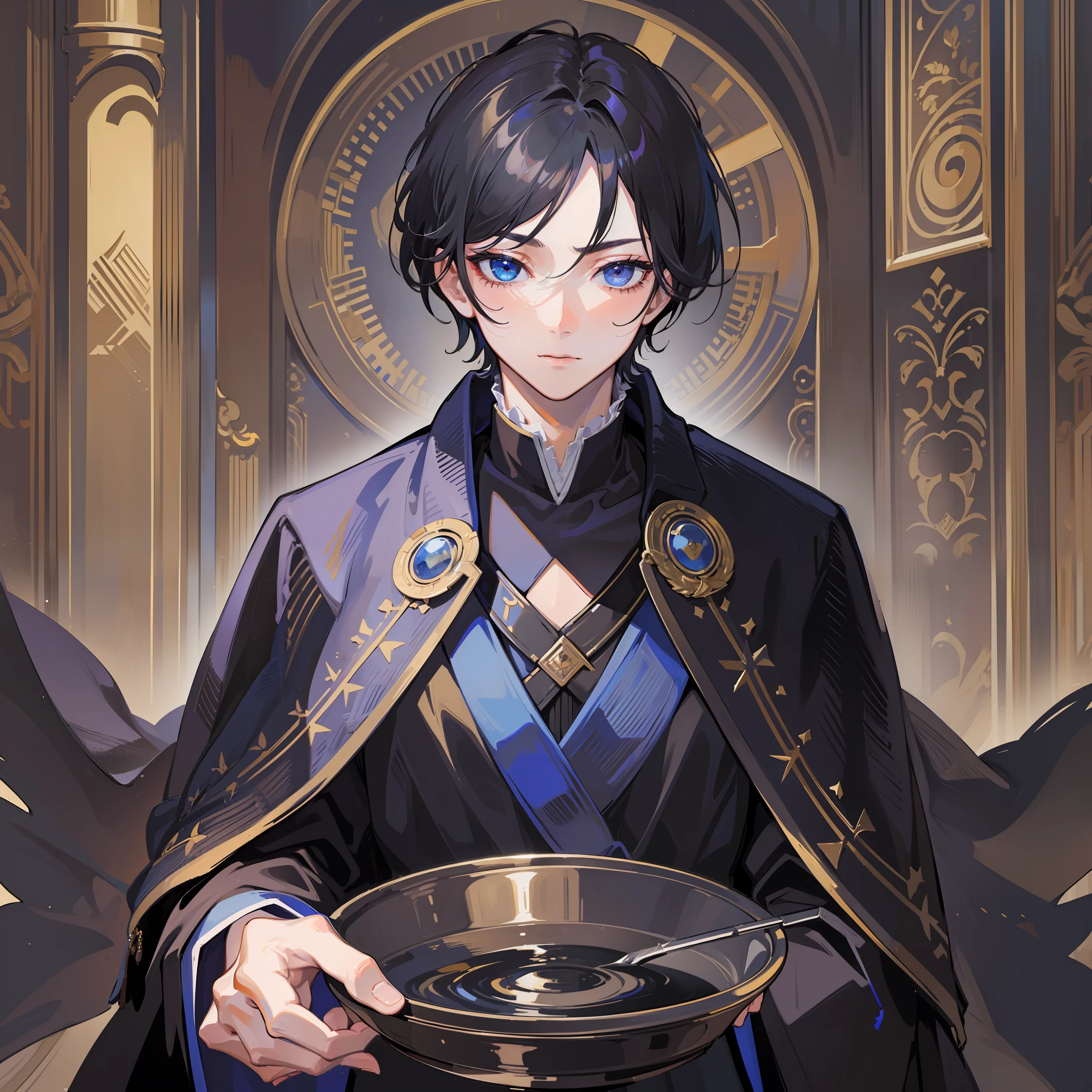 (masterpiece, best quality:1.2), close up shot, 1boy, black hair, long black robe, rich outfit, blue eyes,