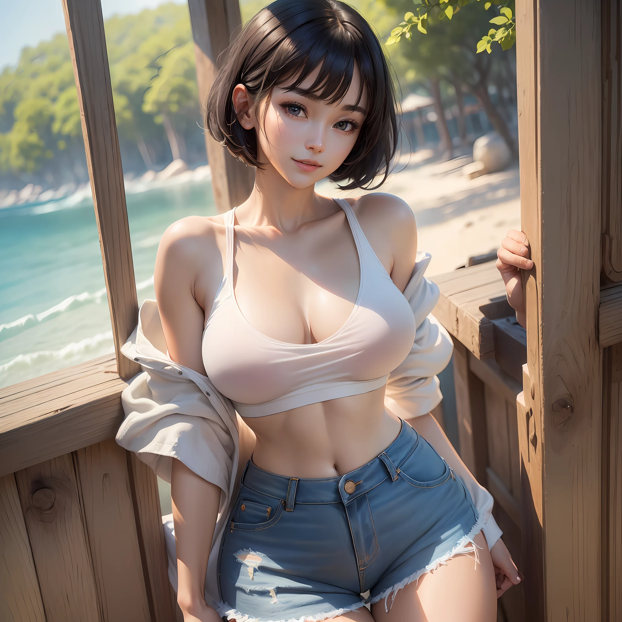 Masterpiece, top quality, ((((Realistic, Photorealistic: 1.37))), 8K, very delicate and beautiful, wonderful, official art with attention to detail, ridiculous, incredibly ridiculous, huge file size, super detailed, very detailed, (beautiful detailed girl), very detailed eyes and face, beautiful detailed eyes, light on the face, nsfw, (one girl), look at the viewer, ( Perfect female figure), slim waist, (Korean beauty), full body, big breasts, standing, abdomen, Idol, (white T-shirt), low rise, (denim shorts), black hair, short hair, bangs, summer, sea, (vacation), feminine look, smile --auto --s2