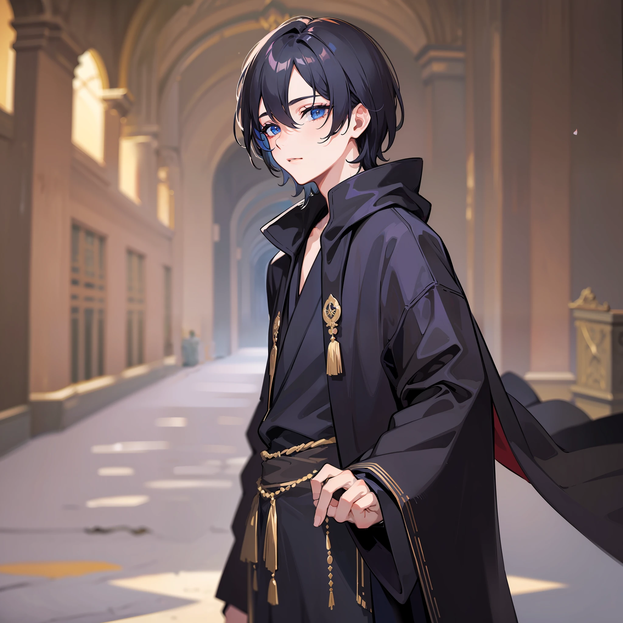 (masterpiece, best quality:1.2), close up shot, 1boy, black hair, long black robe, rich outfit, blue eyes,