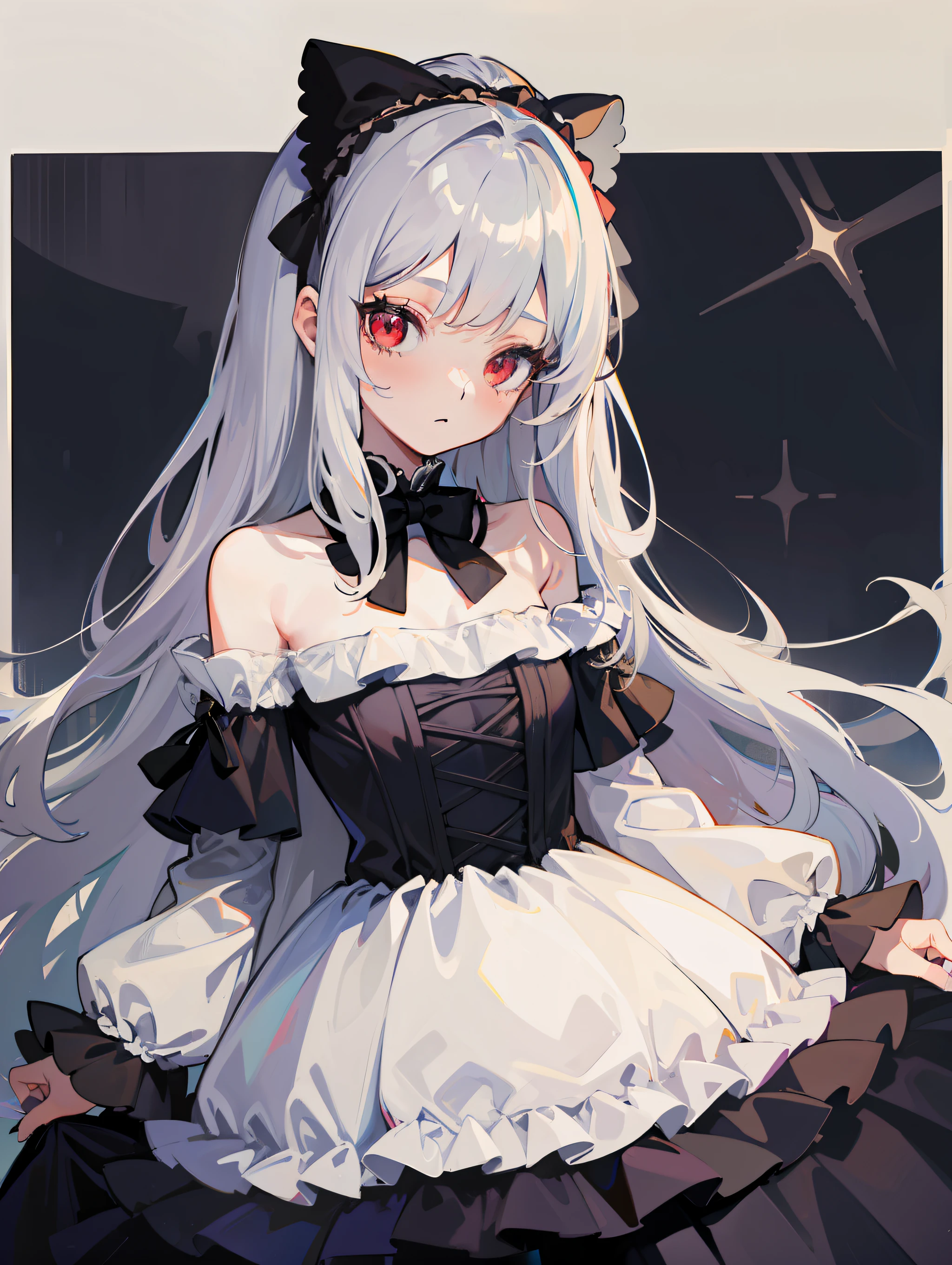 Sanni, loli, silver hair, flat chest, dress, off-the-shoulder, 8k, super detail, 16k, masterpiece, best quality, super detail, high details, long hair, princess cut, lolita, lolita outfit, red eyes, upper body, black bow, expressionless, naked