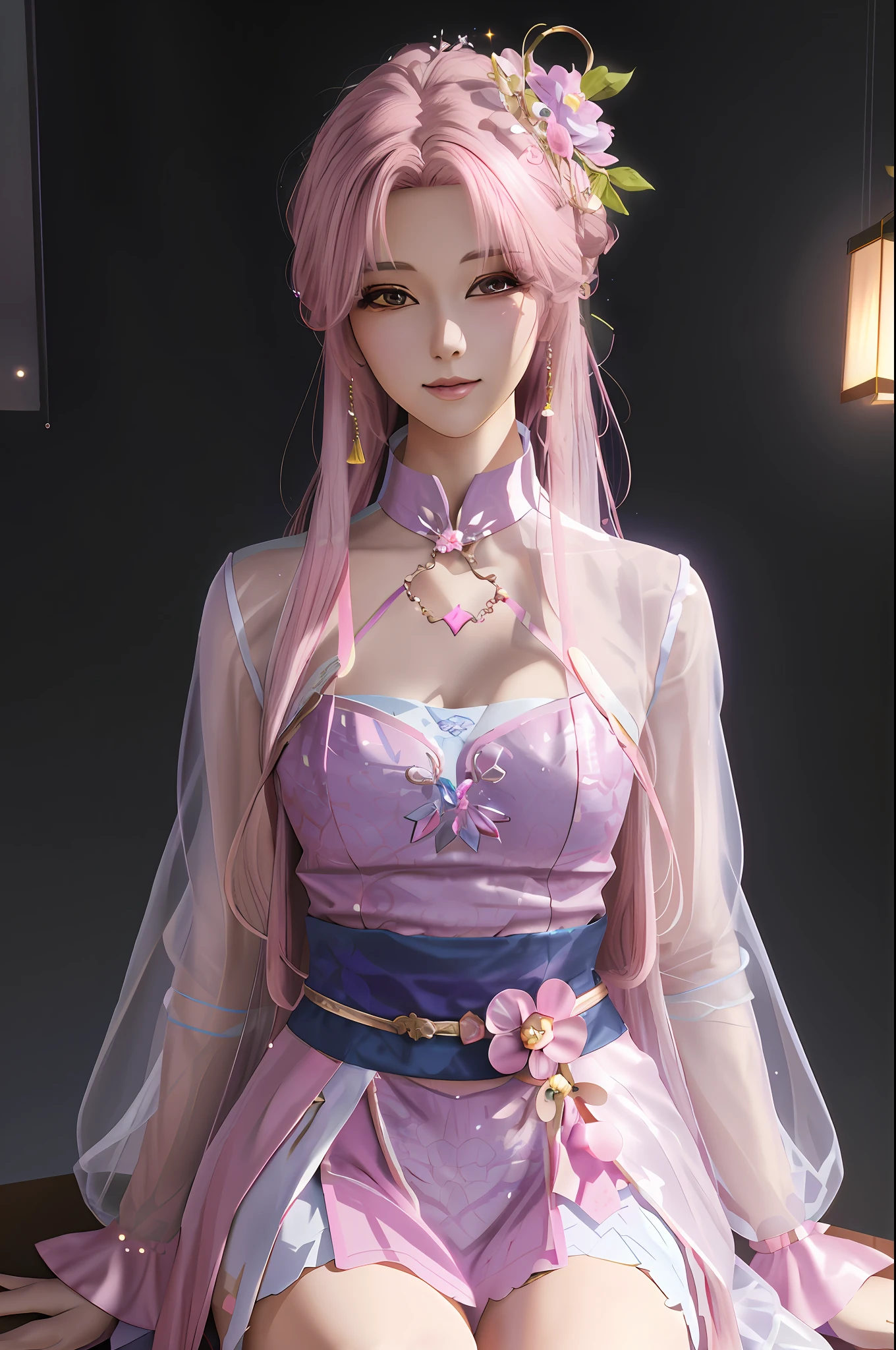 Alafi sitting on table in pink dress, anime girl cosplay, beautiful fantasy queen, ((beautiful fantasy queen)), guvitz, cute anime waifu in beautiful clothes, 3 d rendered character art 8 K, 8K high quality detail art, palace, girl in hanfu, anime cosplay, full body fairy, portrait vg