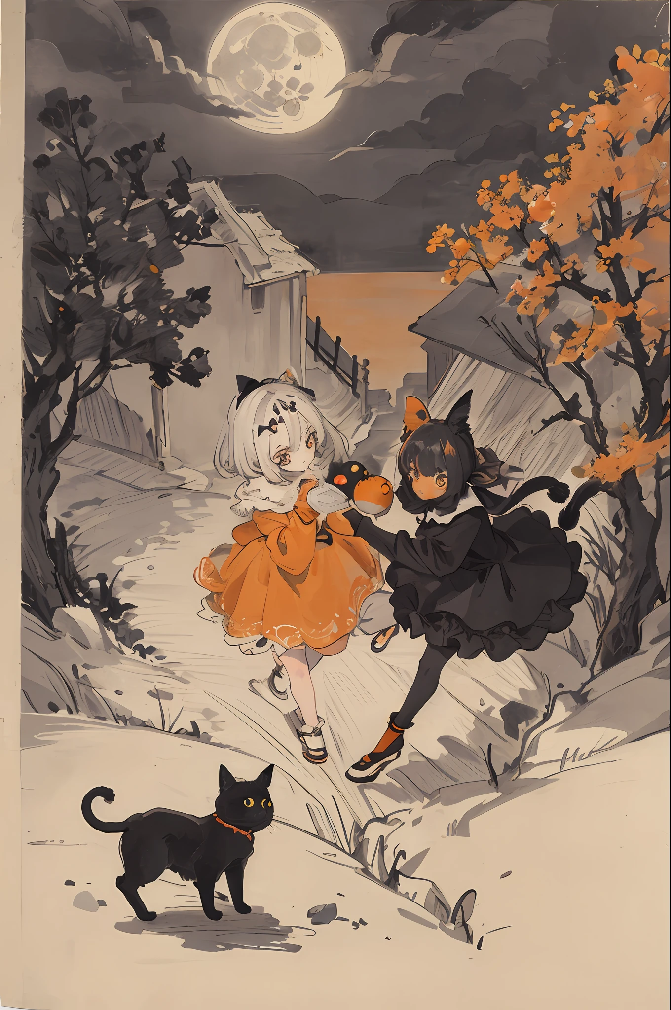 ,orange,cute,big eyes,masterpiece,full moon,alley black cat girl