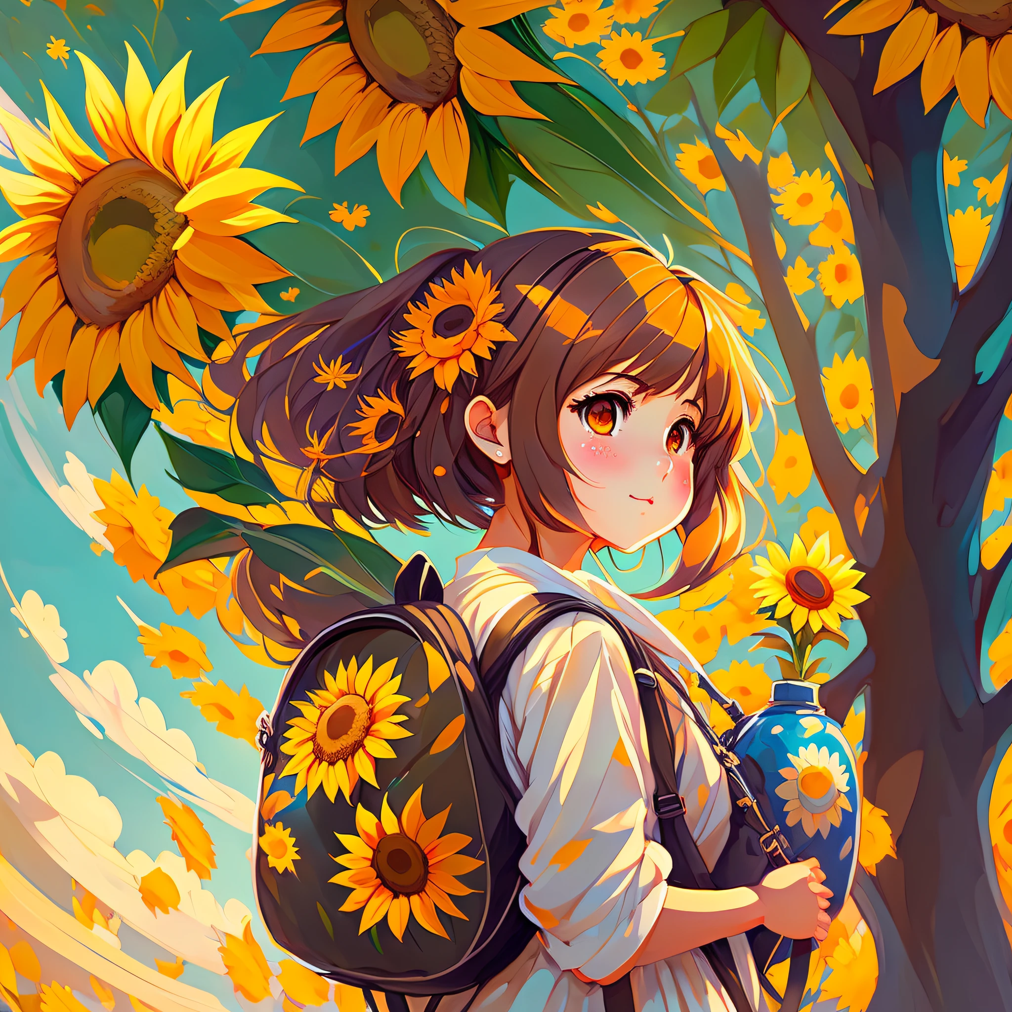 Anime girl with sunflower in backpack and hair, beautiful sunflower anime girl, Gwais, ArtGerm, Atey Ghailan style artwork, anime painter studio, Jan J, Gwais, cute girl anime visual, flower, anime art style, high quality fan art, beautiful anime portrait, far depiction