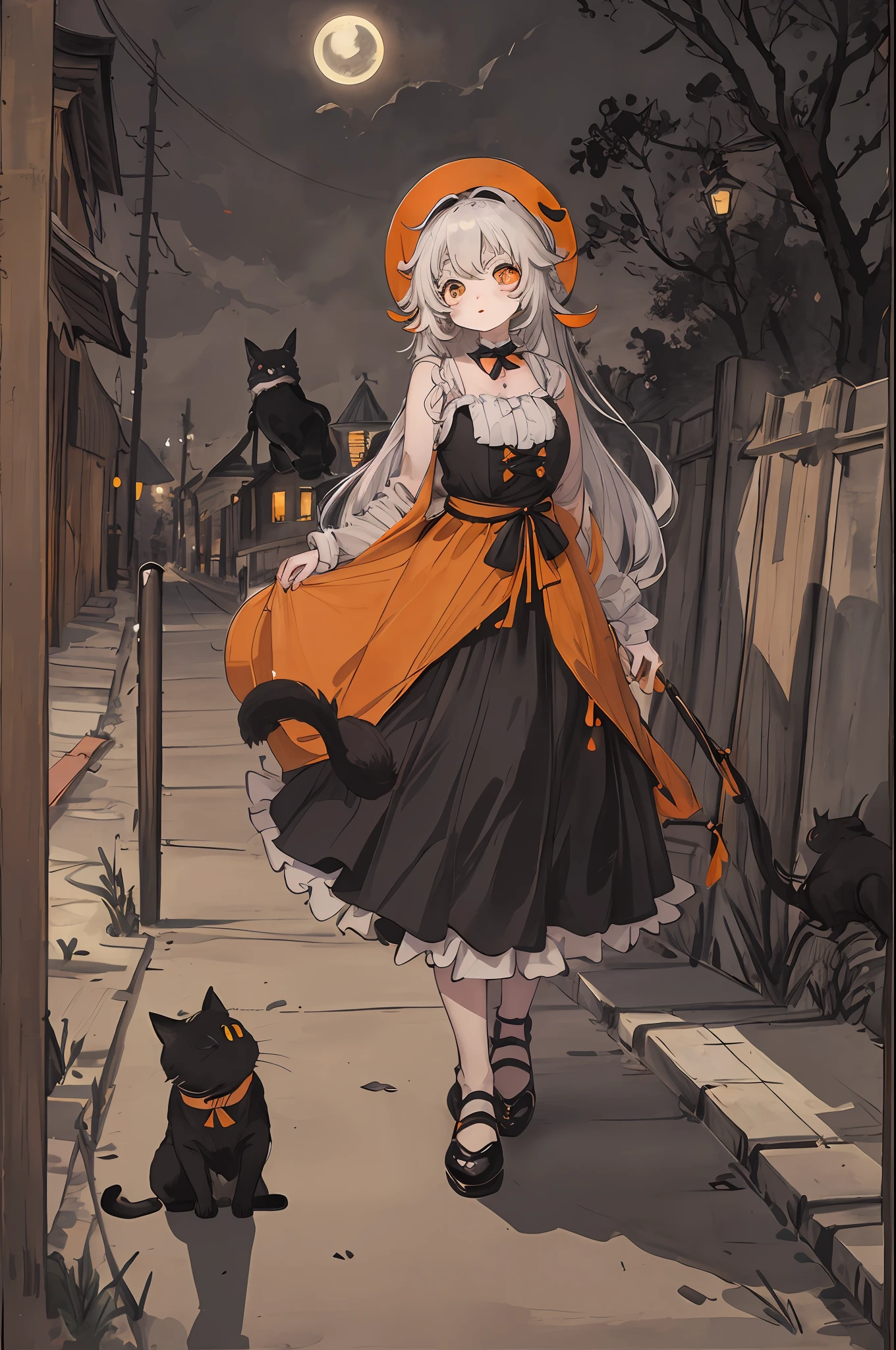 ,orange,cute,big eyes,masterpiece,full moon,alley black cat girl