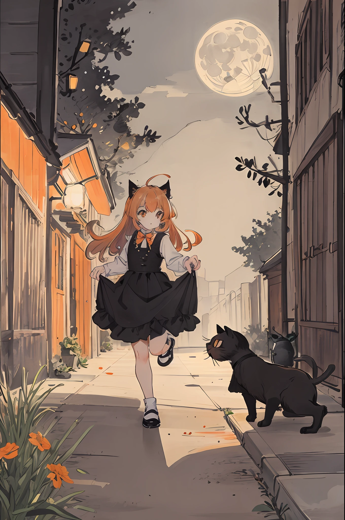 ,orange,cute,big eyes,masterpiece,full moon,alley black cat girl