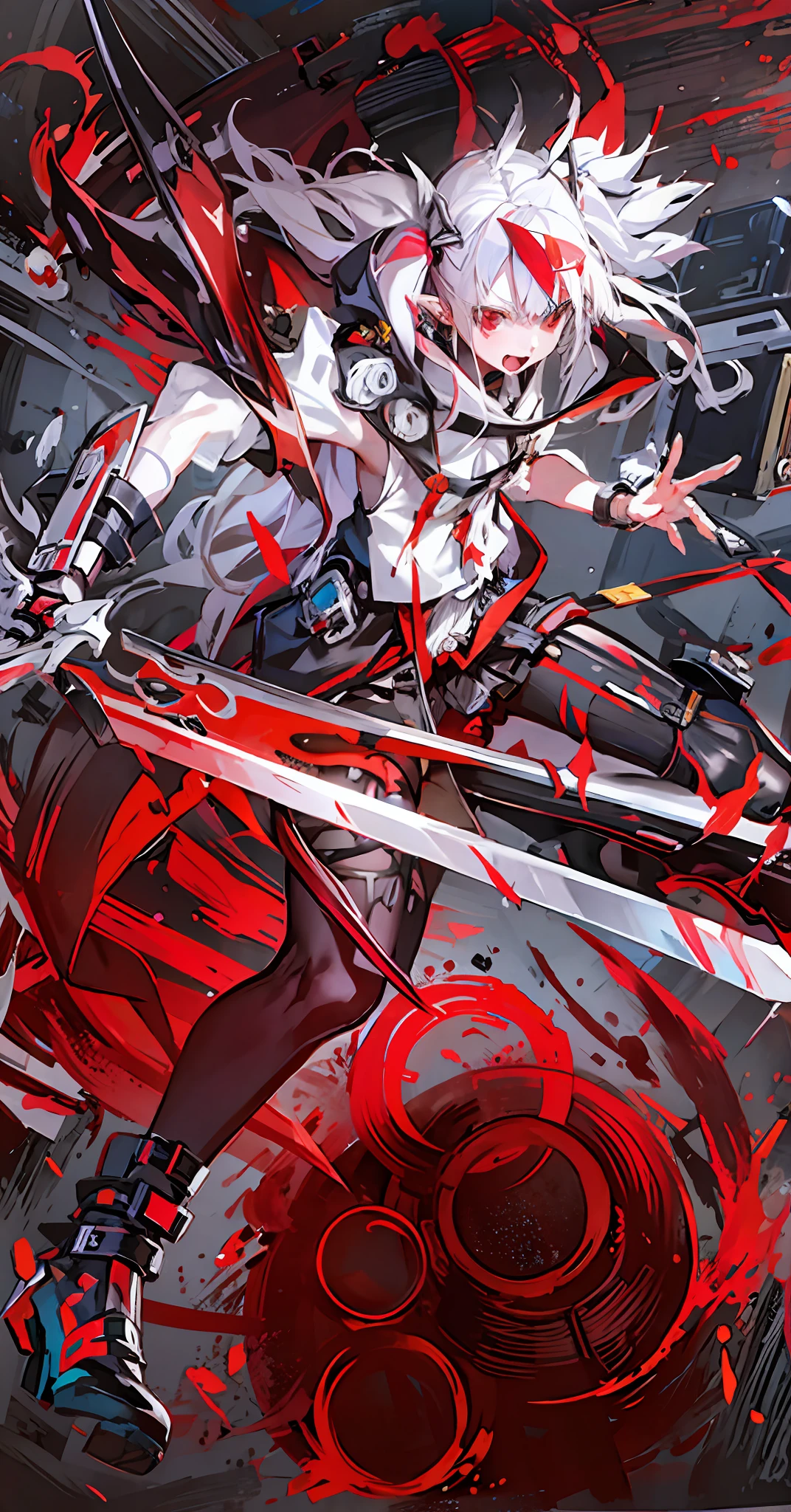 anime character with white hair and red eyes holding a sword, from arknights, badass anime 8 k, guilty gear art style, guilty gear strive splash art, detailed key anime art, demon slayer artstyle, wielding kunai, bloody + concept art, gapmoe yandere grimdark, trending on artstation pixiv, guilty gear art direction, [[blood]]