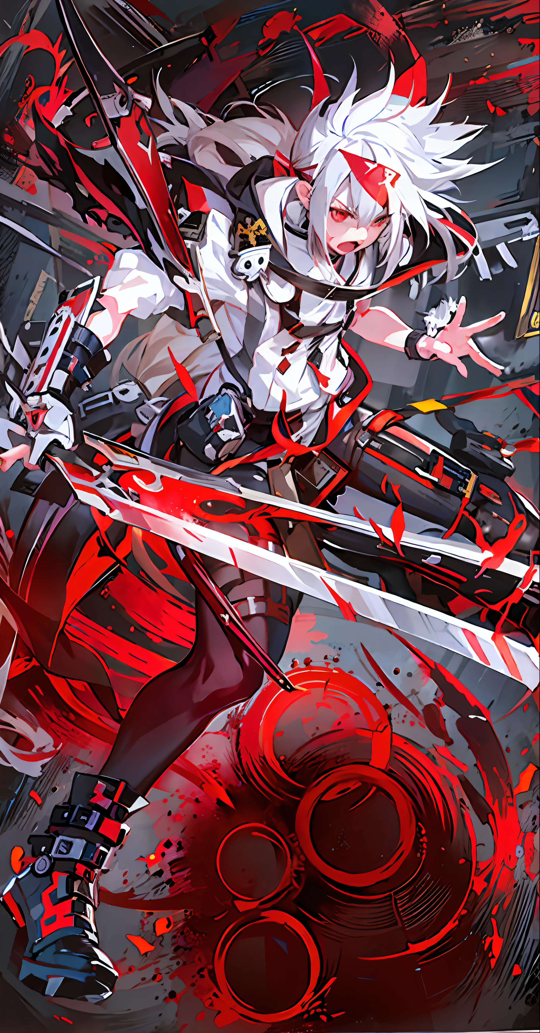 anime character with white hair and red eyes holding a sword, from arknights, badass anime 8 k, guilty gear art style, guilty gear strive splash art, detailed key anime art, demon slayer artstyle, wielding kunai, bloody + concept art, gapmoe yandere grimdark, trending on artstation pixiv, guilty gear art direction, [[blood]]