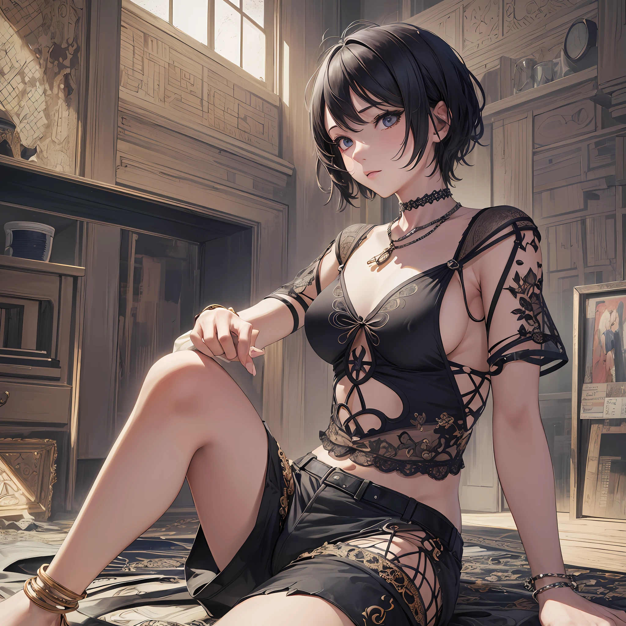 (Masterpiece, Best Quality, High Resolution: 1.4), Detailed, Intricate Detail, 4K, Color Splash, Line Art, Art, Fibonacci, Short Hair, Black Shorts, No Clothes, Female Ride, Anklet, Small Breast, --auto --s2