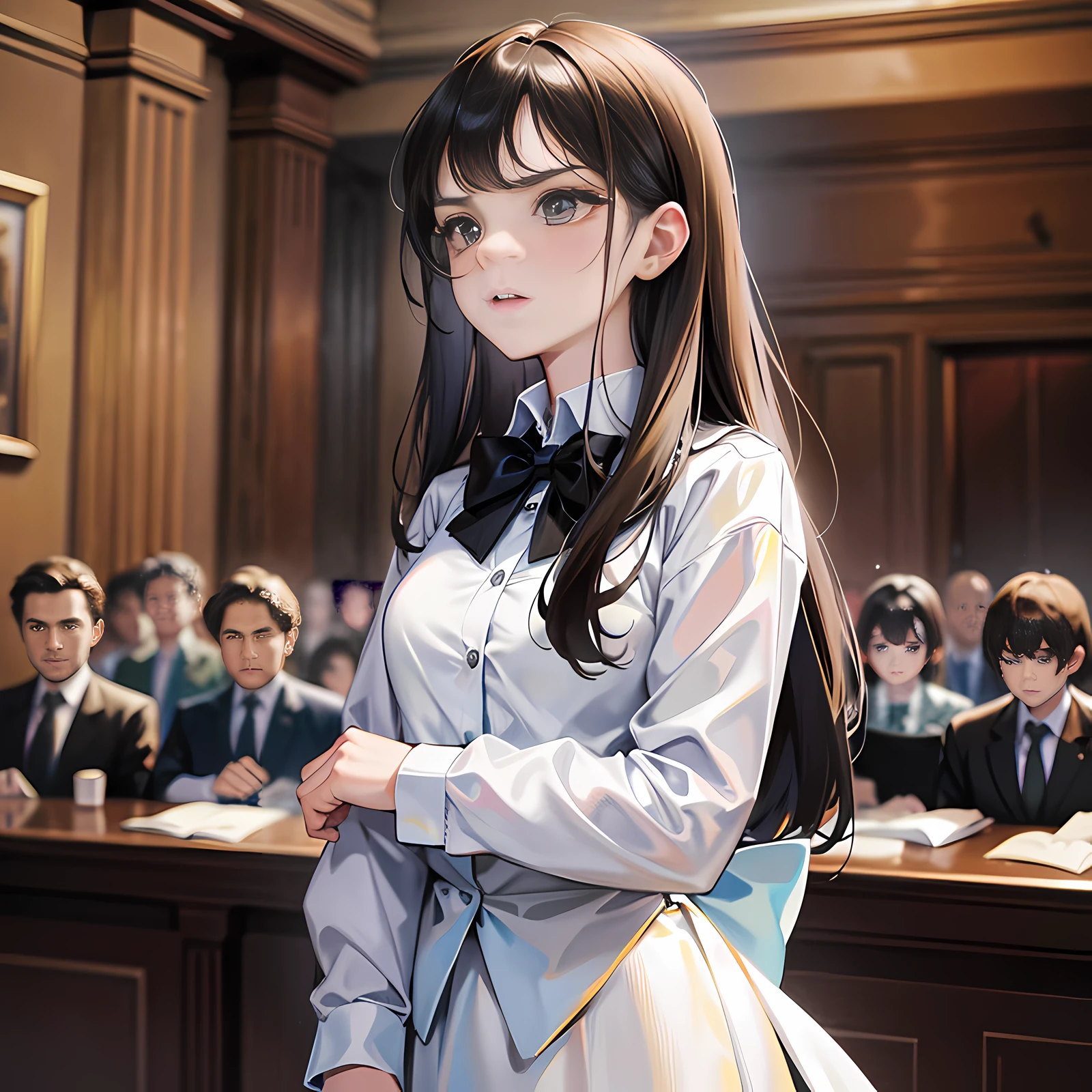 In the courthouse, on the seat, there is a girl standing up, long black hair, angry, scared, talking, super detailed, 4k, white, no bow tie, super detailed,