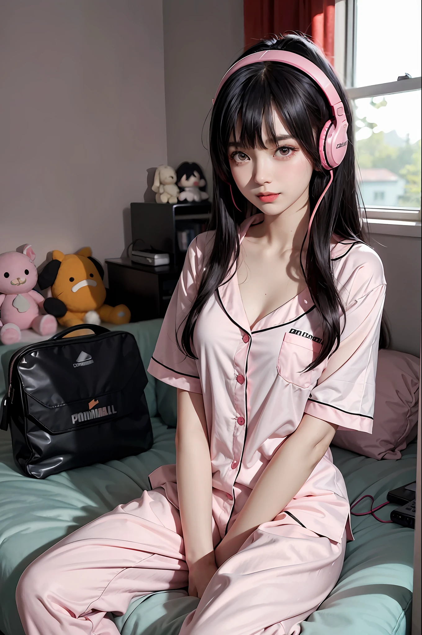 1 Girl, Esports Girl, Computer, Headphones, Loose Polka Dot Pajamas, Smile, Sitting on the Sofa, Black Hair, Red Bangs, Hair Dyeing, Starry Sky Eyes, Character Focus, Messy Bedroom, Teenage Bedroom, Pink Room, Plush Toys, Bed, Windows, Tyndall Effect