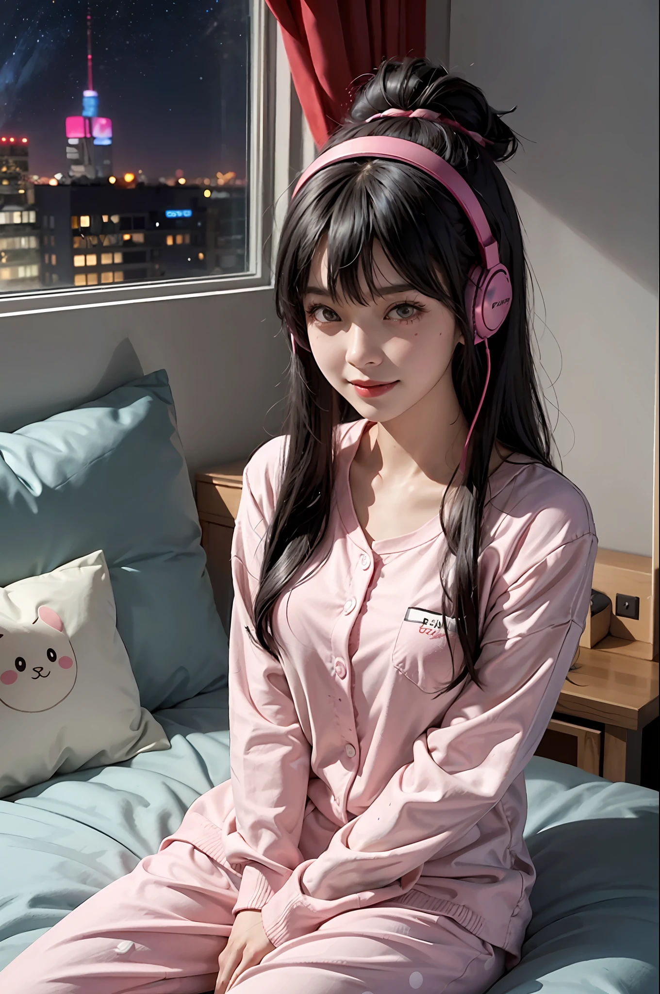1 Girl, Esports Girl, Computer, Headphones, Loose Polka Dot Pajamas, Smile, Sitting on the Sofa, Black Hair, Red Bangs, Hair Dyeing, Starry Sky Eyes, Character Focus, Messy Bedroom, Teenage Bedroom, Pink Room, Plush Toys, Bed, Windows, Tyndall Effect