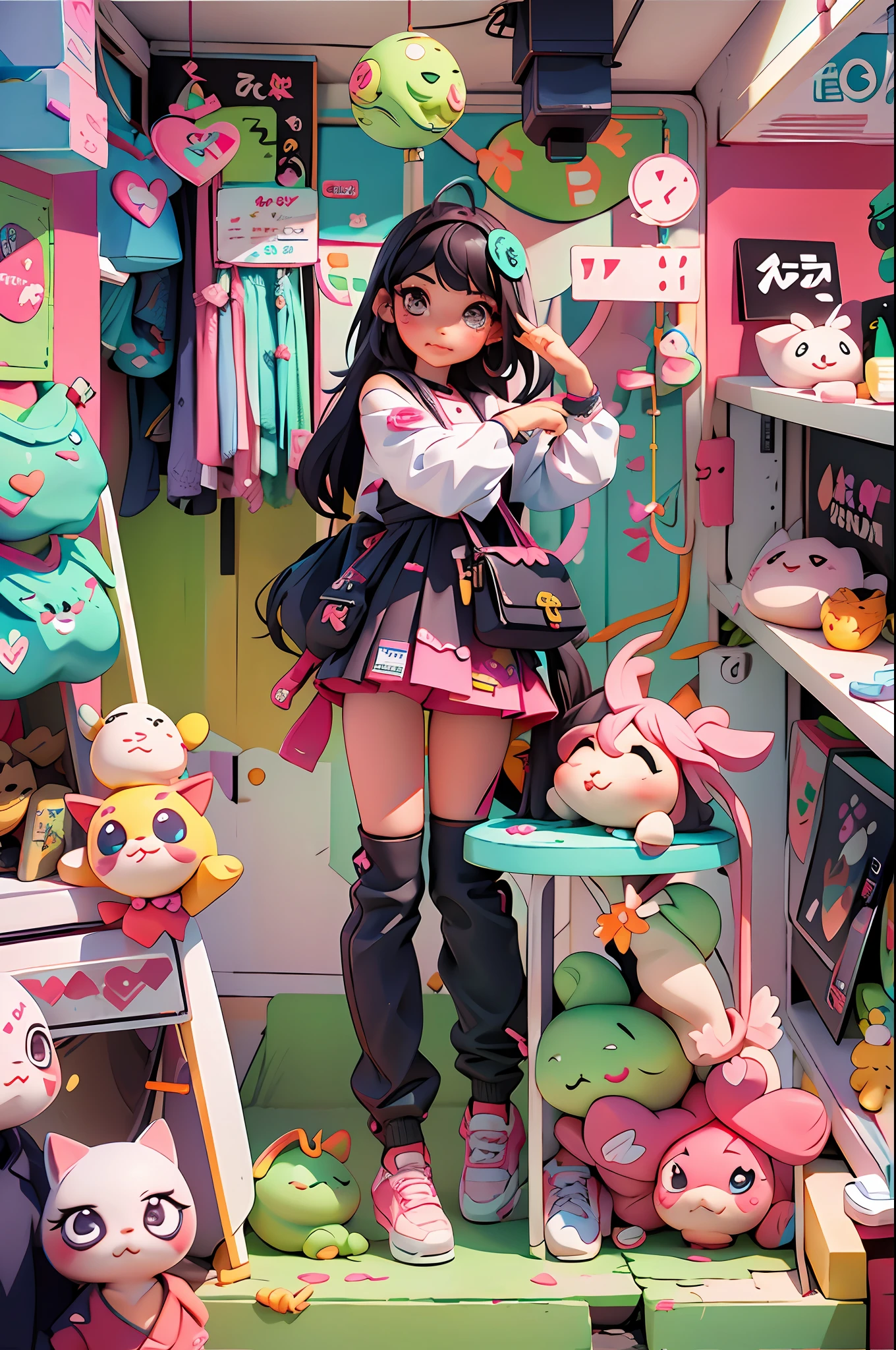 There is a girl standing in the store, so cute, super cute and friendly, black pink Josie, けもの, E-girl, kawaii shirt and jeans, electronic girl, Ruan cute vtuber, Snapchat photos, cute girl, black pink Rosanna Park, Ultra HD, 8k, Best Light, Model Making Material, PCV Material, Resin, POP MART_style_design, 6 years 🤬 🤮 💕 🎀 🤮 🎀 😭 💕 Super cute