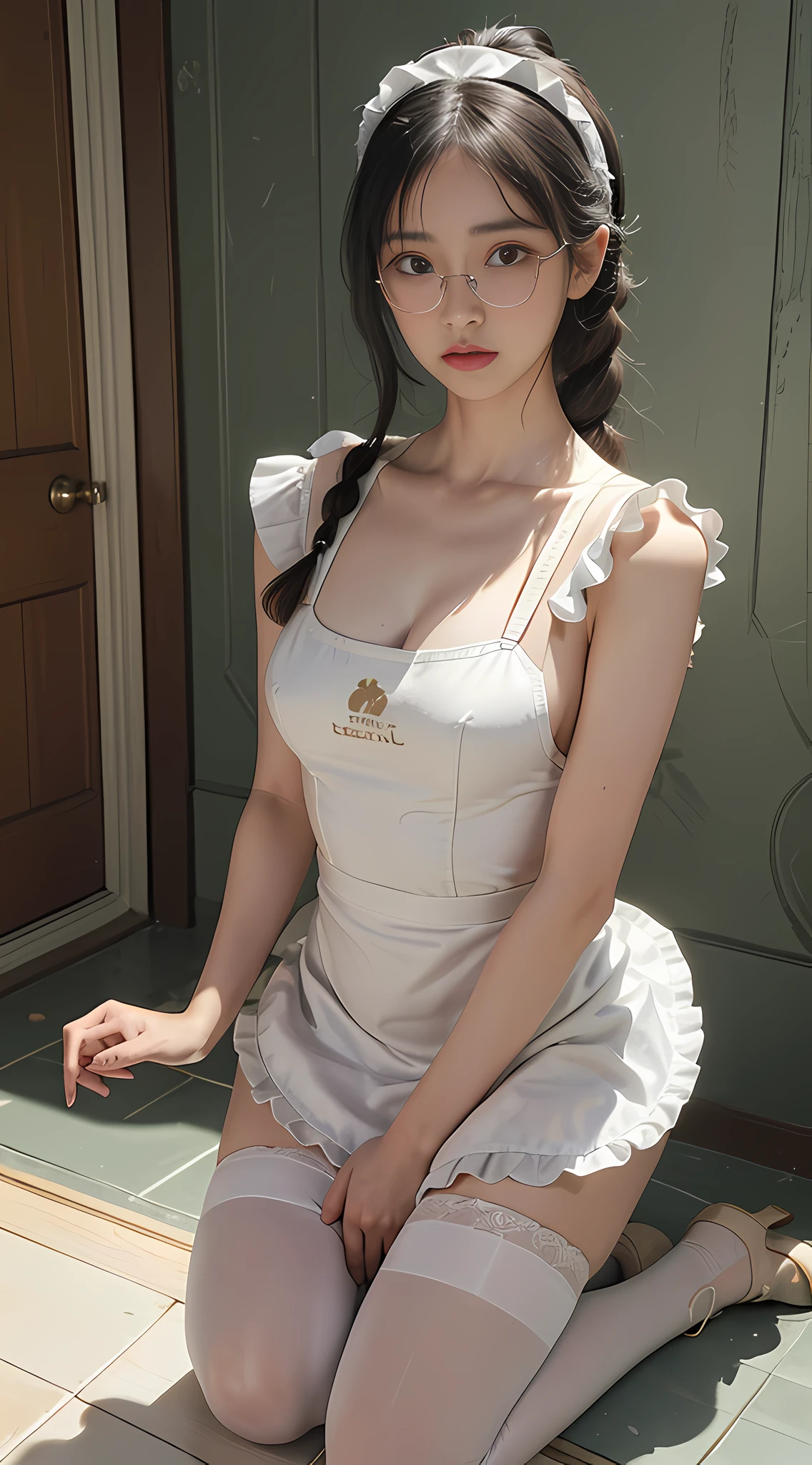 hyper-realistic), (illustration), (high resolution), (8K), (extremely detailed), (best illustration), (beautiful detailed eyes), (best quality), (super detailed), (masterpiece), ( wallpaper), ( detailed delicate face), solo, pee yourself, pee on legs, surrounded by other people, highly detailed face and skin texture, detailed eyes, double eyelids, ball head twisted braid with hairpins, large frame glasses, wearing black tulip fairy sweet pure lust lace print embroidered ice silk cover, Wearing cat ears, split legs and kneeling on both knees, nervously bowing her head, shy, embarrassed provoked and shocked, standing with her legs crossed, on the wet bathroom floor, a small puddle of her own urine is forming around her feet, very desperate to urinate, pee, wet herself, urination, tears, fear, despair, panic, high detail, ballet dancing with a big belly in October, feet in ballet shoes, (dynamic pose), 1 girl, in the bathroom, white wavy hair, Korean, heterochromic eyes, small moles under the eyes, (( Apron)), big breasts, long legs, tight abs, wearing large round frame glasses, (camel toe), (white stockings), (no panties), (no bra)